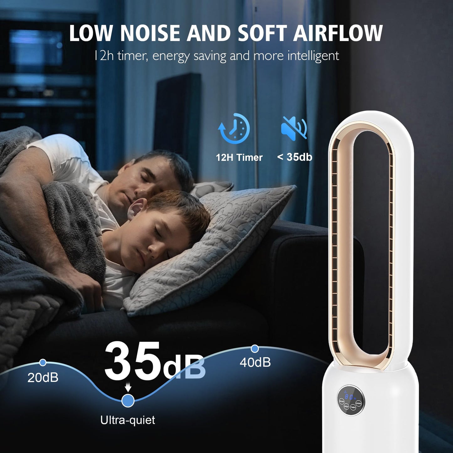 MOMOKOVA Bladeless Tower Fan for Bedroom, Powerful 26ft/s Airflow, 24 Speeds, 90° Oscillation, 12H Timer, Standing Fans with Remote, Quiet Bladeless Cooling Fan for Home Office Room, White Gold