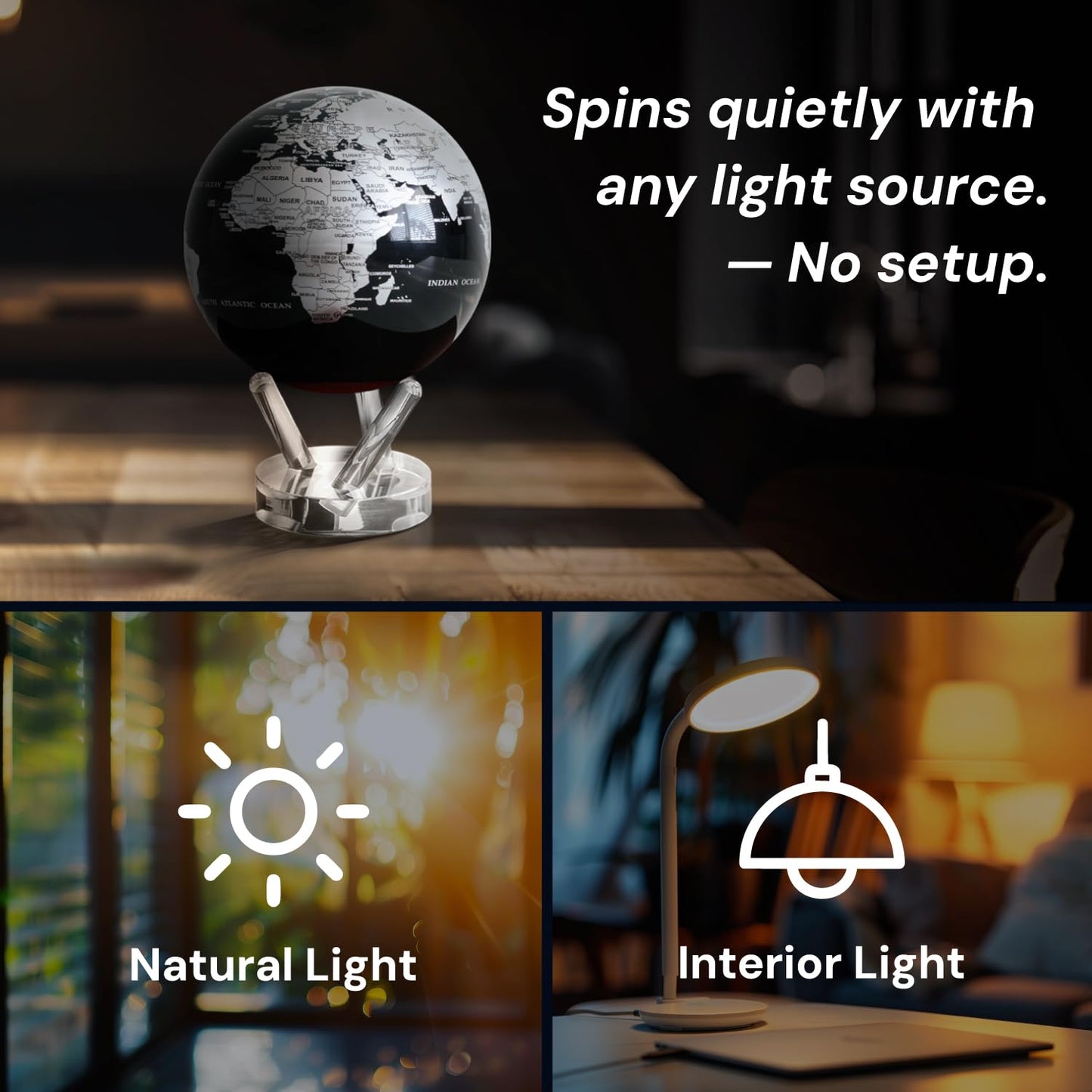 MOVA Globe - Jet Black and Silver Signature (6") | Solar-Powered Rotating Desk Globe with Minimalist Map Design | No Batteries or Cords | Modern Decor Gift