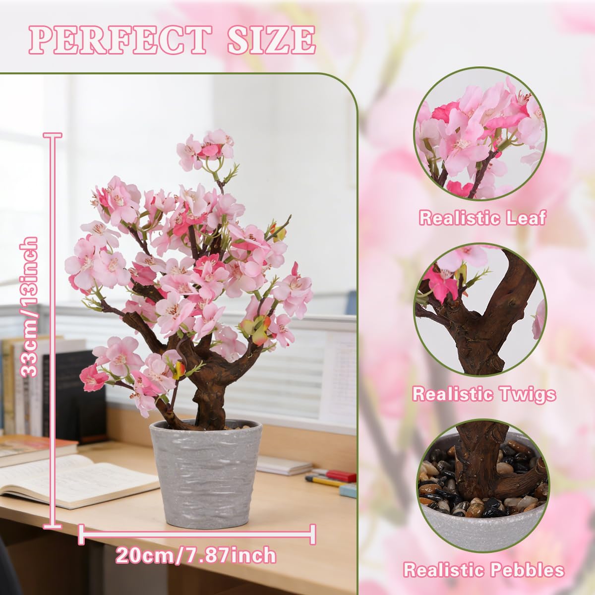 KAIRNE Artificial Pink Cherry Blossom Potted,13" Tall Fake Bonsai Flowers Tree,Lifelike Floral Faux Plants,Realistic Decorative Flowers Potted,Spring Decoration Home Office Desk Decor