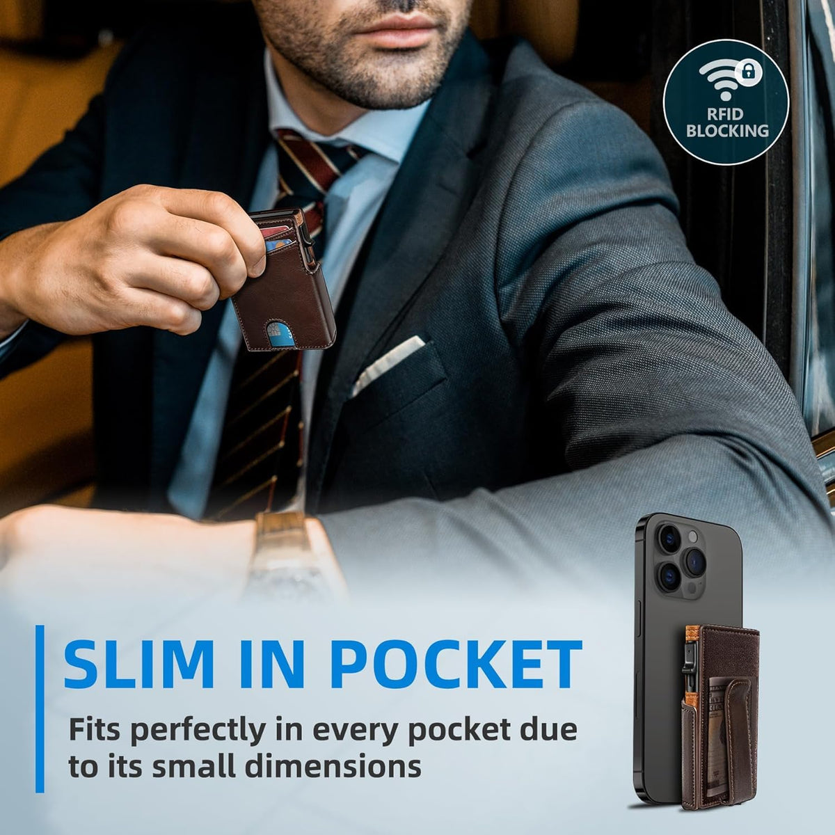 Plinvo Men's Slim Genuine Leather Wallet with Money Clip, Coin Pocket, RFID Blocking, ID Window (Burnt Umber)