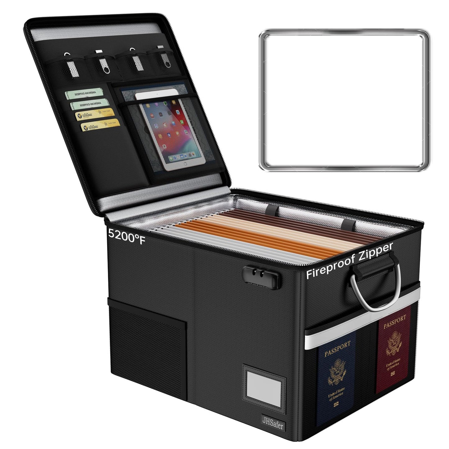 JHSafer 5200℉ Fireproof Document Box with Lock, Waterproof File Organizer with Handle, Portable Collapsible Filing Cabinet with Reflective Strip for Hanging Letter/Legal Folder, Black