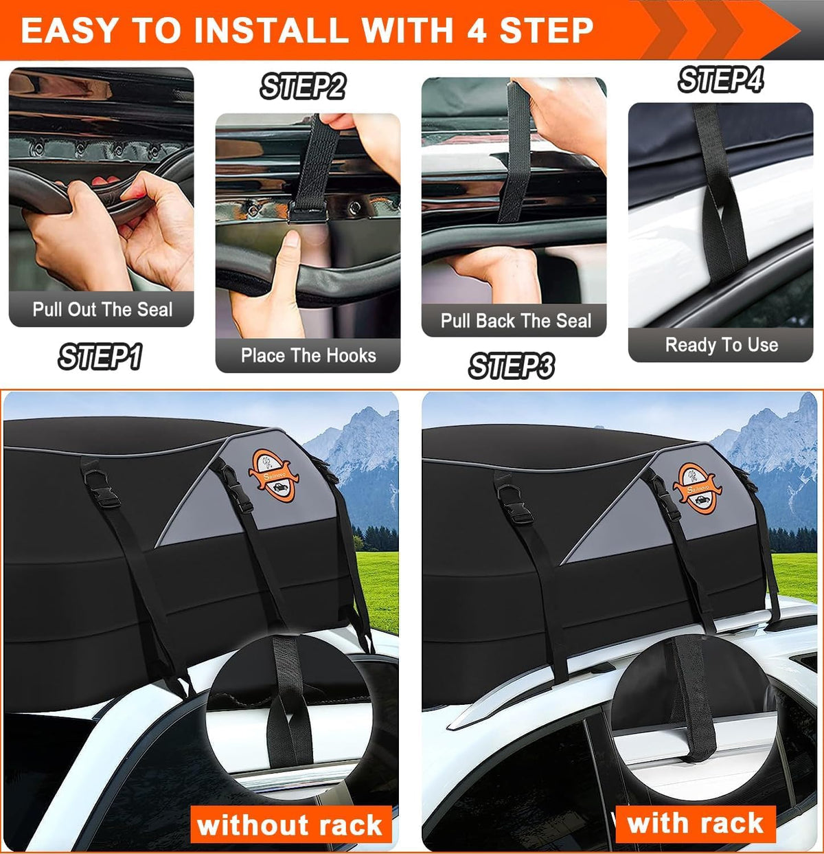 Sailnovo Car Rooftop Cargo Carrier Roof Bag, 20 Cubic feet Waterproof Roof Cargo Carrier fit car with/Without Luggage Rack - Vehicle Soft Shell Roof Cargo Box with Tie-Down Strap, Safety Hook