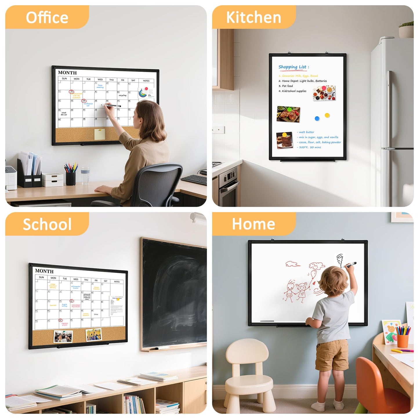 QUEENLINK Dry Erase Calendar Board for Wall, 24"x18" Magnetic Whiteboard Calendar Double-Sided Monthly White Board with Cork Board, Black Aluminum Frame Memo Message Board for Office, Home, School