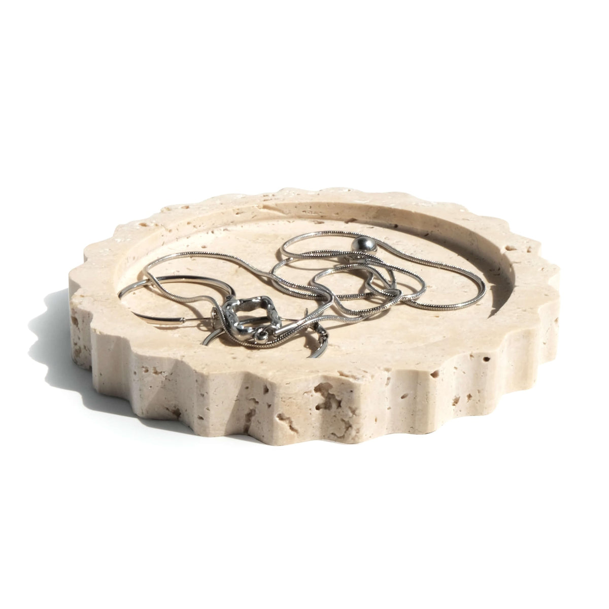 seicasaya 5.5 Inch Small Scallop Edge Tray, Hand-Carved Natural Stone Jewelry Holder, Travertine & Marble Vanity Tray for Rings, Candles, or Keys (Travertine)