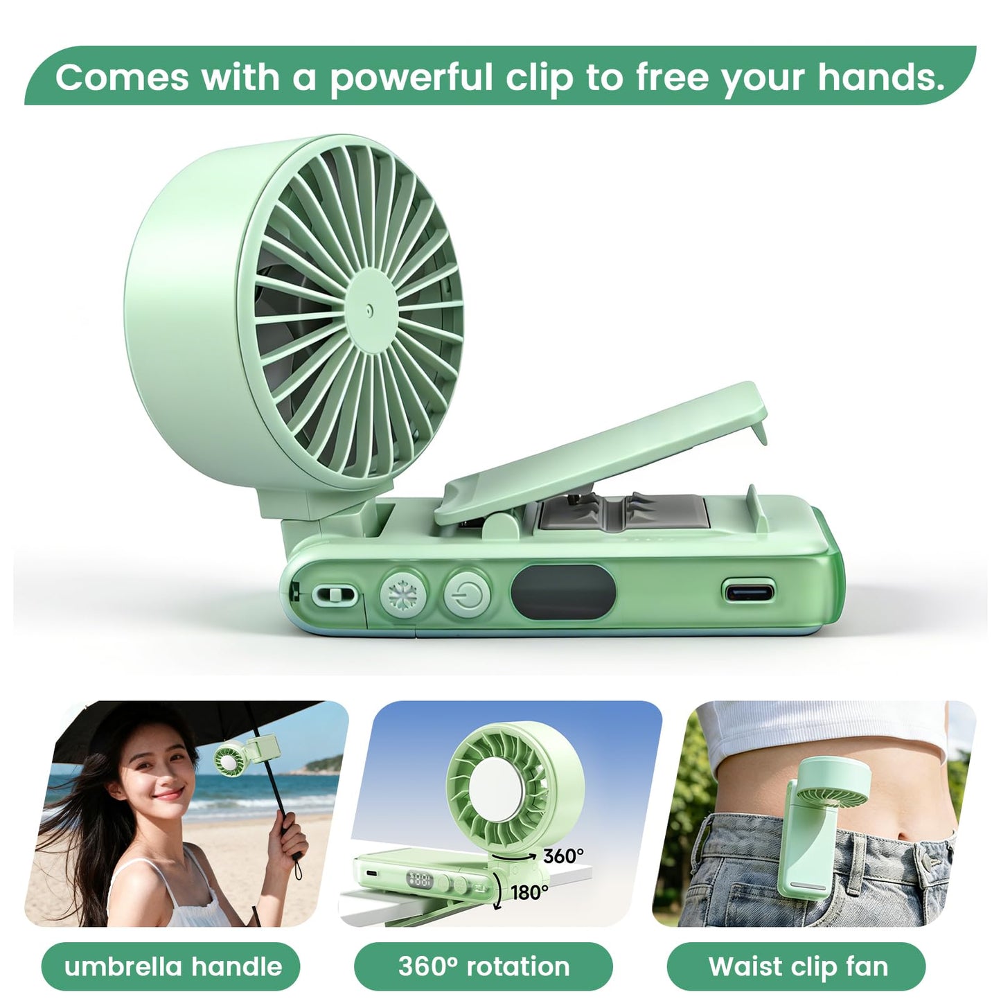 HEEYCEM 4-IN-1 Clip-On Portable Fan Rechargeable Handheld Mini Fan with lce Cooler,5 Gear High Speed 360° Rotatable Small Pocket Fans, for Outdoor, Travel, Beach, and Office (Green)