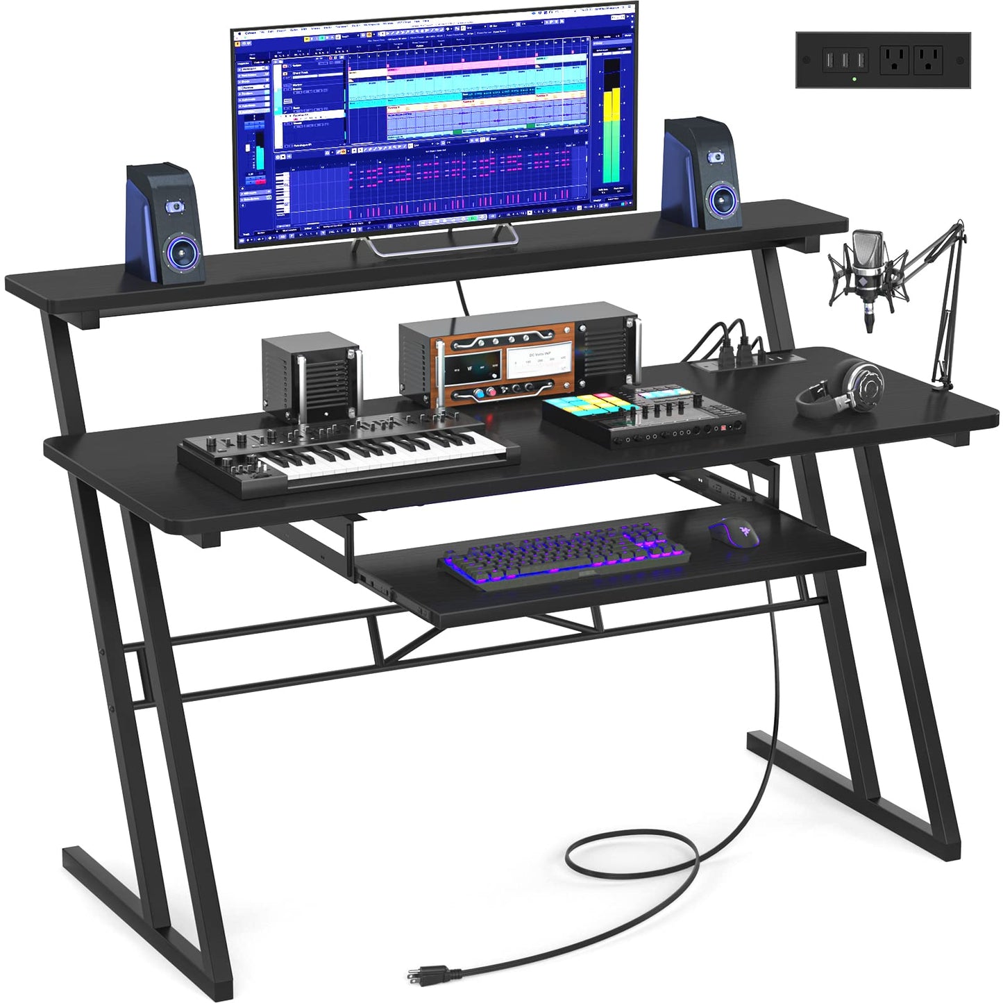 Music Studio Desk Production Workstation - Recording Studio Desk for Producer with Power Outlet, Studio Workstation for Music Recording, Home Studio Table Desk, Black