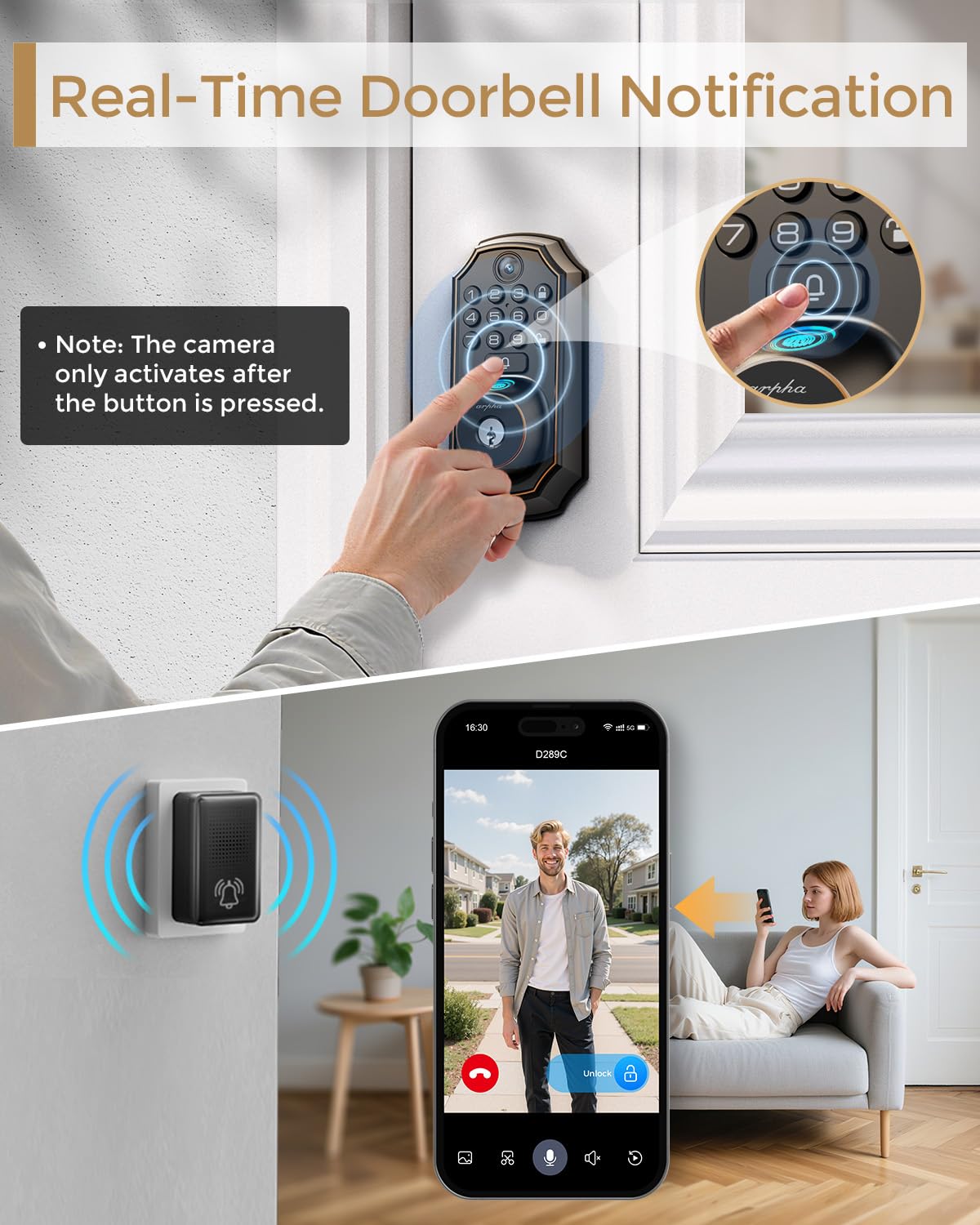 WiFi Video Smart Lock with Camera -Keyless Entry Deadbolt, 5-in-1 (Camera+Doorbell+Fingerprint+Keypad), App Control, Two-Way Audio, Waterproof, Easy Installation