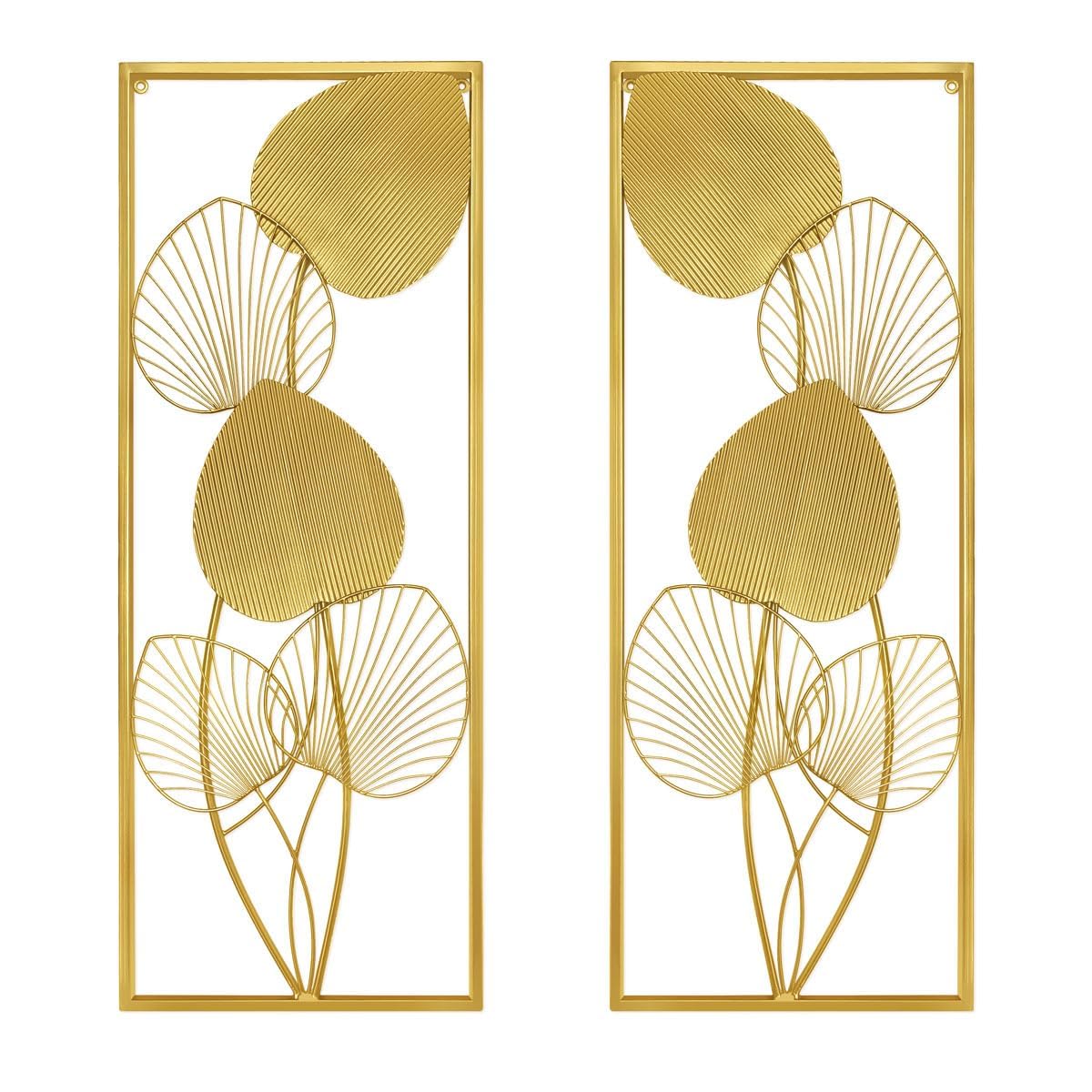 XUANYUQL 2 Pieces Metallic Leaves Wall Decors Luxury Golden Metal Art Wall Sculptures 32" X 12" Modern Wall Hanging Sculptures with Frame for Bedroom Living Room Kitchen Dining Room Office