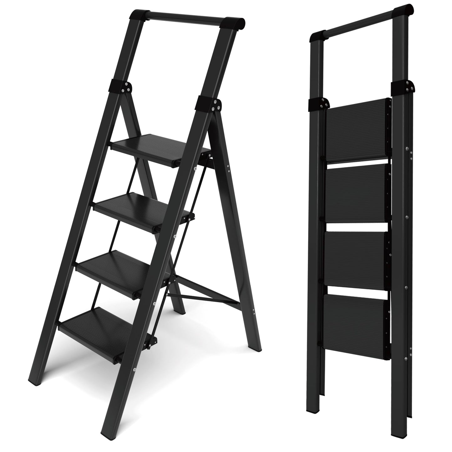 Taranta 4 Step Ladder,Liahtweight Aluminum Laddewith Handgrip, Portable Folding Stepladder with Anti-SlipPedalfor Home, Ofice, Kitchen 330lbs - Black