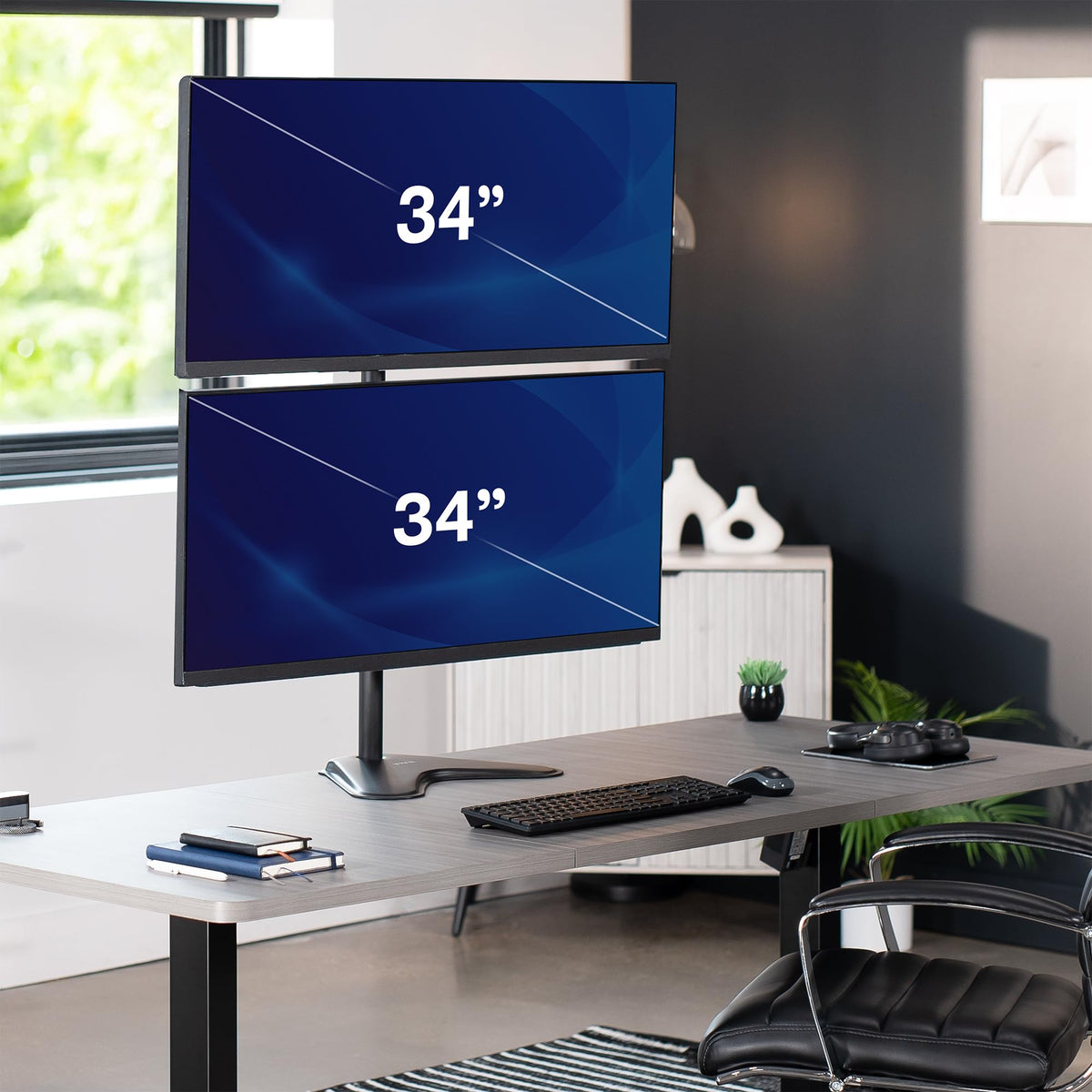 VIVO Dual Monitor Desk Stand Free-Standing LCD Mount, Holds in Stacked Vertical Position 2 Ultrawide Screens up to 34 inches, Black, STAND-V002L