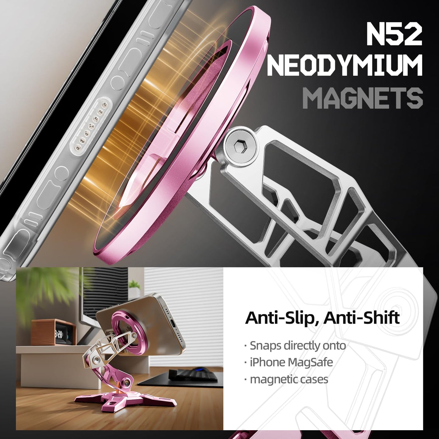 PEAKZOOC Desk Phone Stand, All-Metal Steel-Bone Design, Compatible with MagSafe, for Style-Driven Desk Setup, Studio, Office, and Creative Space, Neon Blush Pink