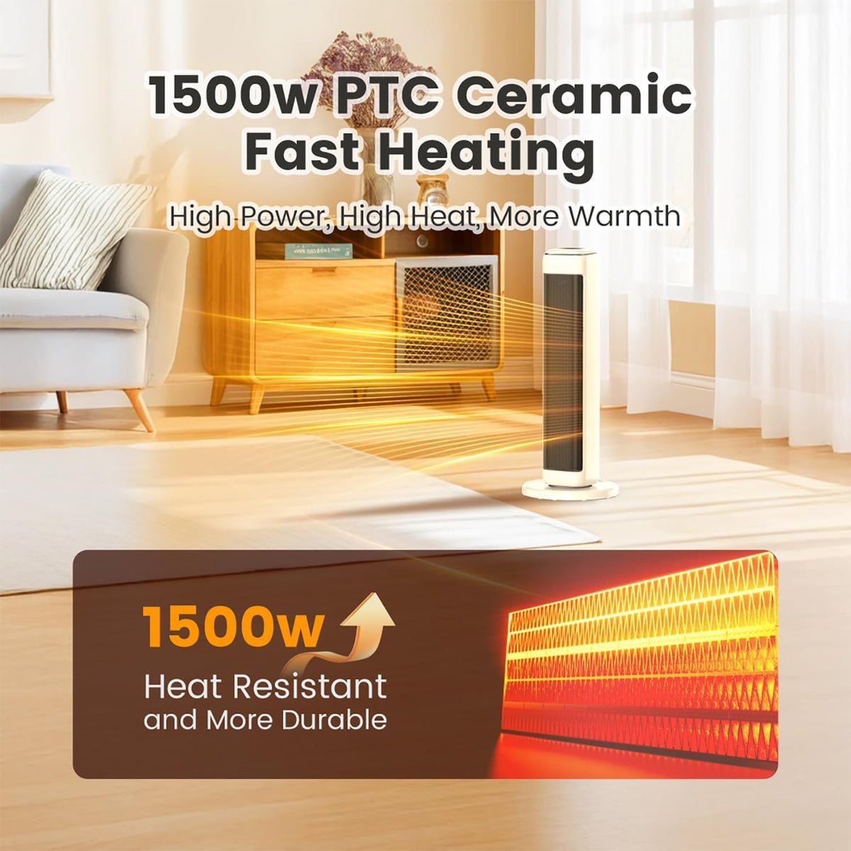 25" Space Heaters For Indoor Use Large Room, Electric Heaters For Indoor Use with Thermostat, Oscillating Room Heaters with Timer, Remote Control, Overheat Protection Tower Heater for Bedroom (Beige)