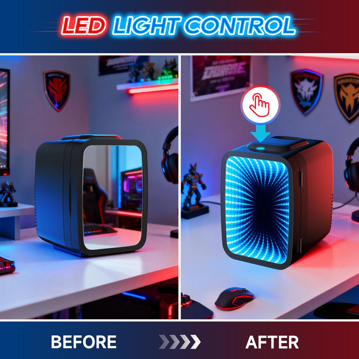 BEICHEN Mini Fridge, 4L/6 Can Small fridge with Dimmable Gaming Light for Bedroom,Office,Gaming room and Car,AC/DC Portable Thermoelectric Cooler & Warmer for Food, Drinks, Skincare,Black