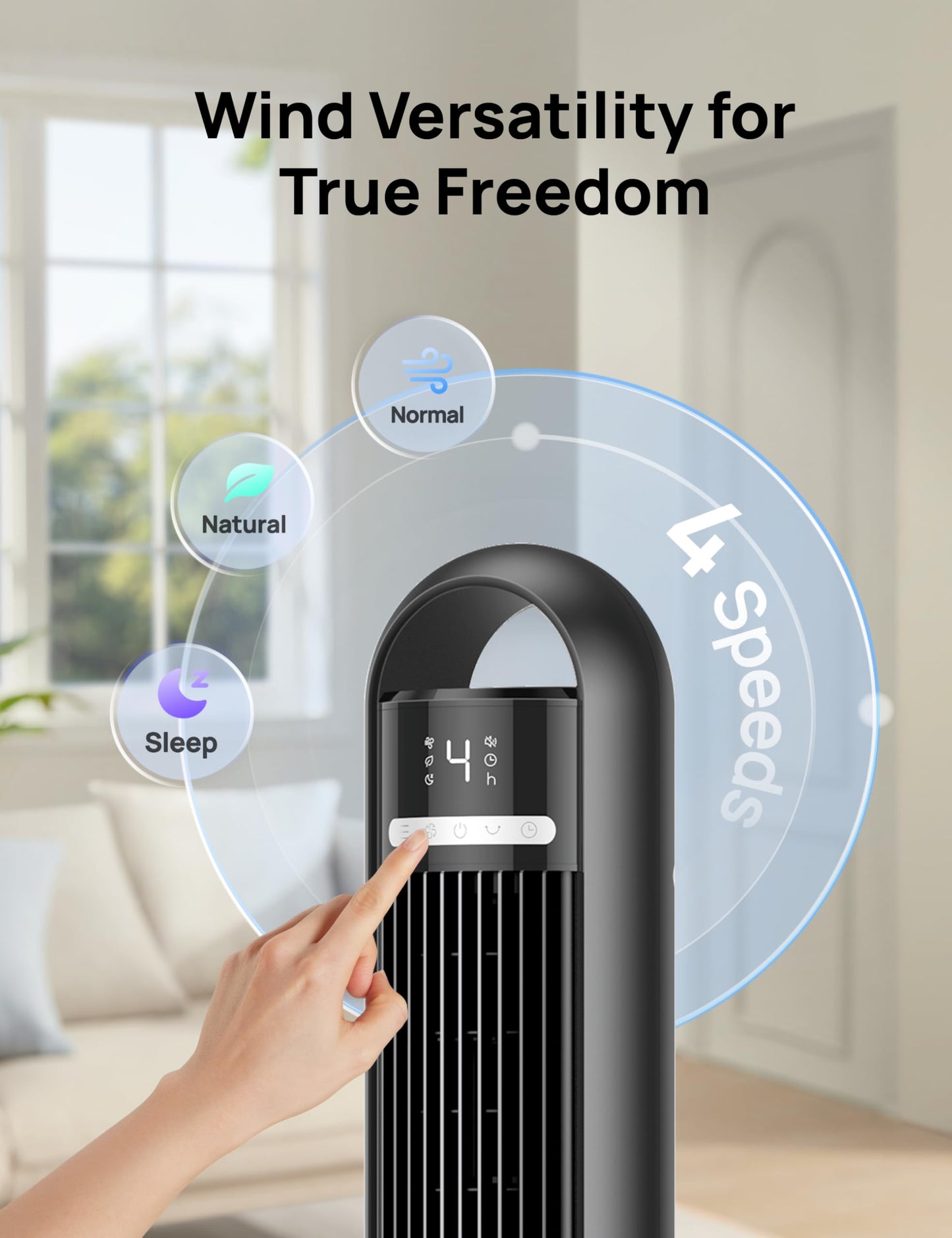DREO Tower Fan for Bedroom, 90° Oscillating Standing Fans for Room with 4 Speeds, 3 Modes, 28dB Quiet for Sleep, 26ft/s Velocity, 8H Timer, Remote, Living Room, Office, Home, Black