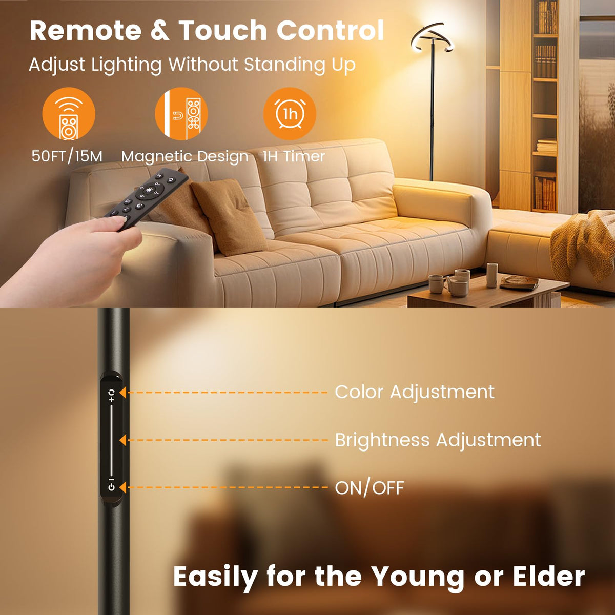SIBRILLE LED Floor Lamp - Rotatable Standing Lamp with Touch & Remote Control, 3000-6000K, 22W Modern Floor Reading Light, Dimmable Corner Uplighter for Living Room Bedroom Office, Black
