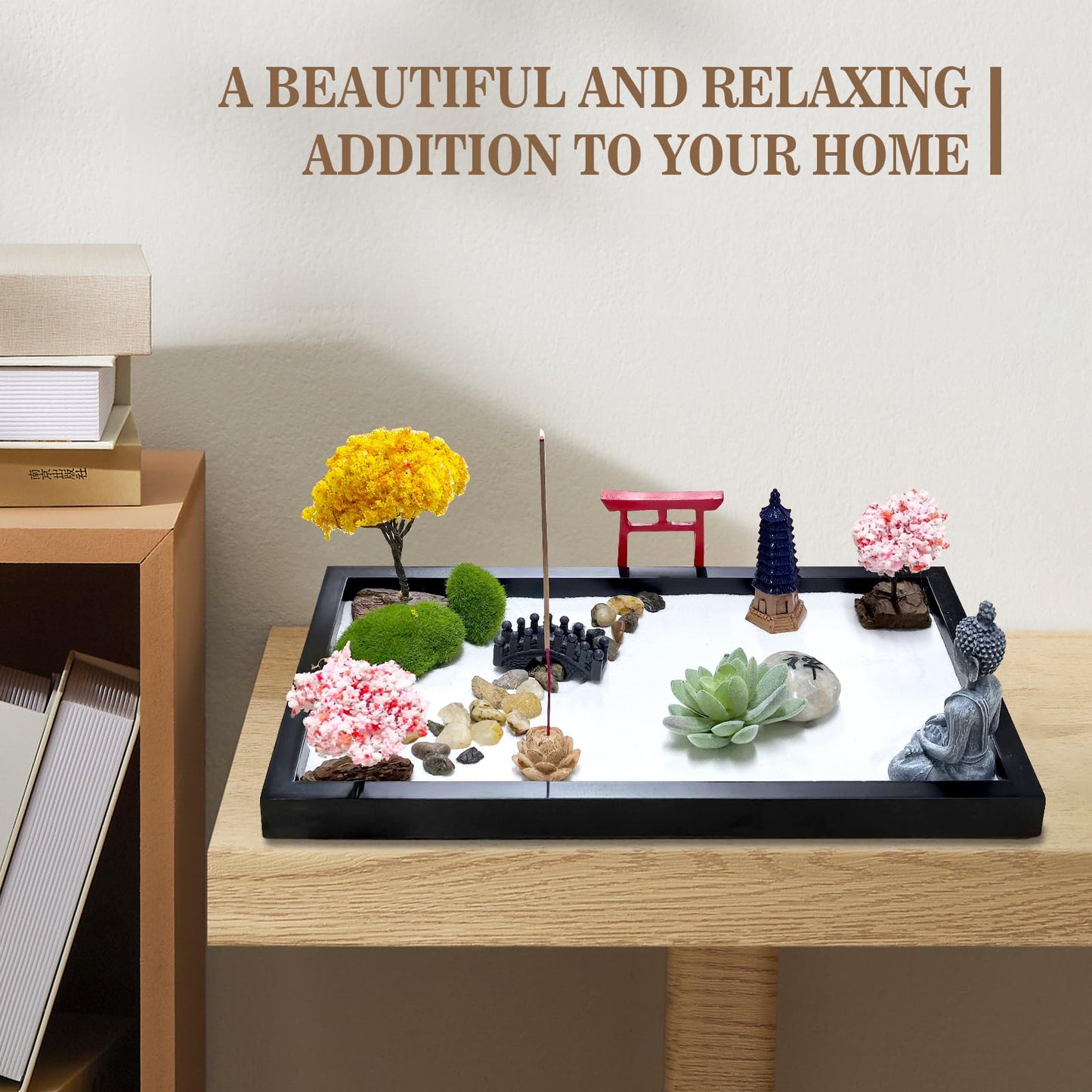 Zen Garden for Desk Decor - Premium Beautiful Japanese Mini Zen Sand Garden Kit Box for Home, Office Desk with Black Wooden Tray, White Sand, Tools, Red Gate, Buddha - Desktop Set
