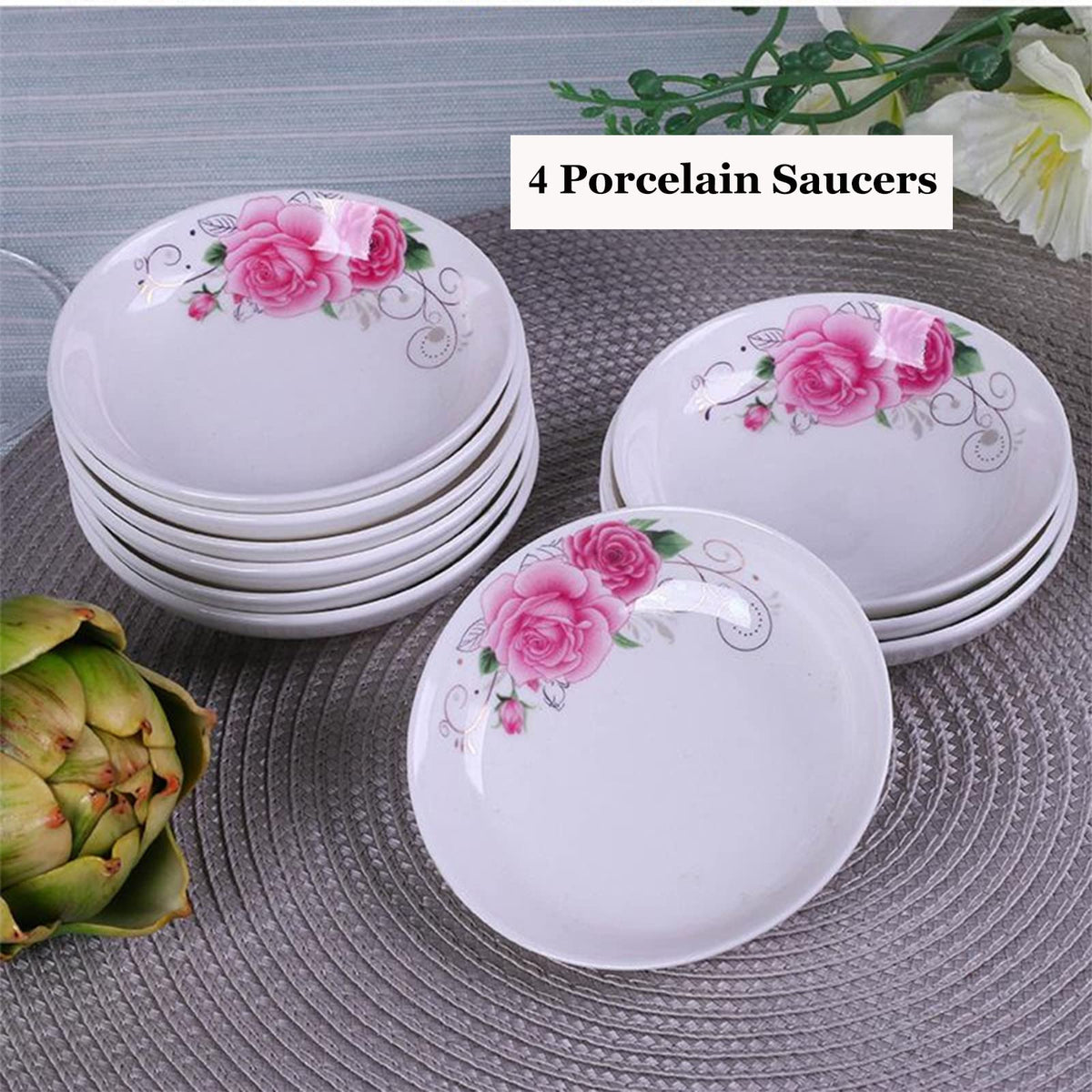 4-Pack Flower Pattern Ceramic Saucer Dishes, 4-Inch Side Dishes for Sushi, Snack, and Seasoning