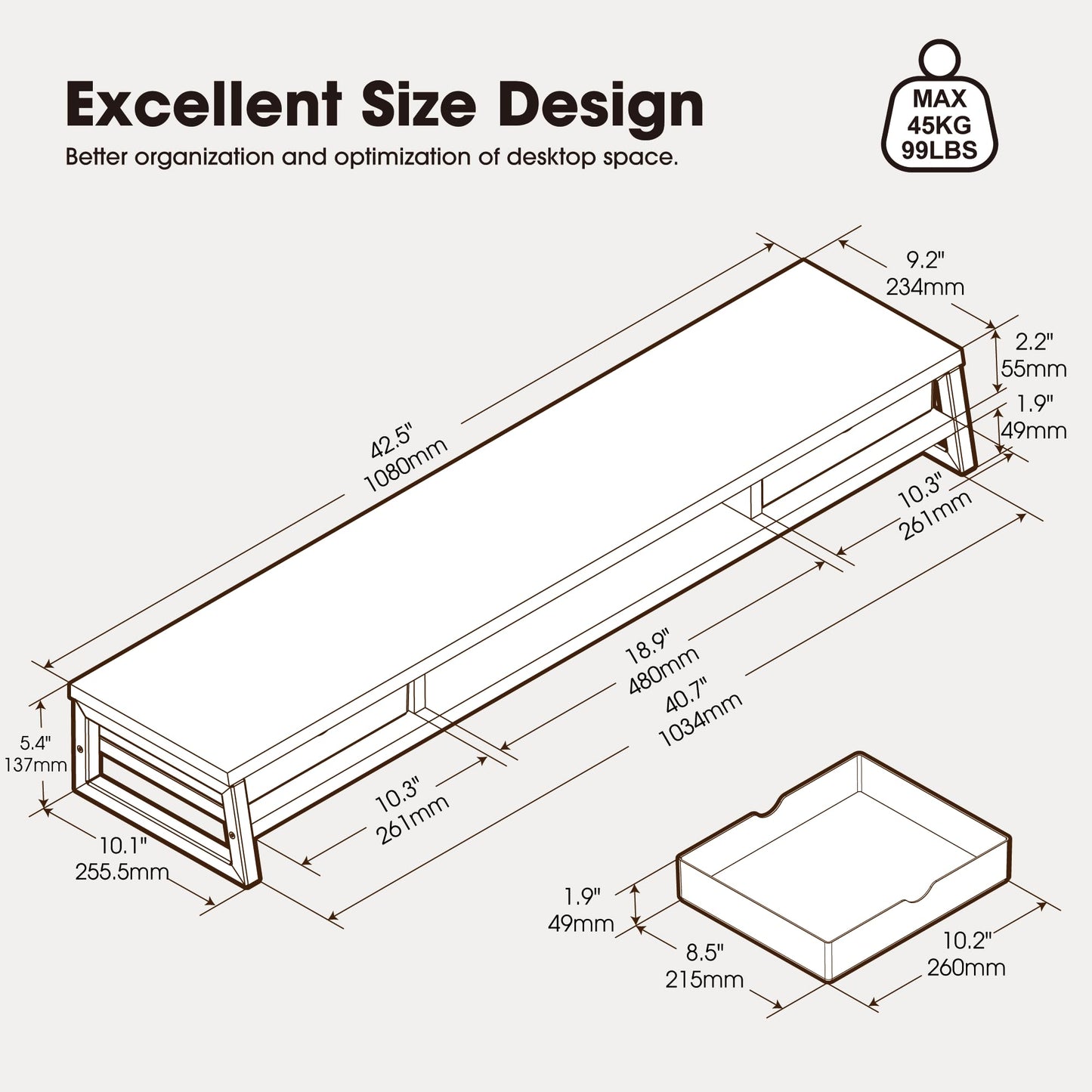 Fenge Dual Monitor Stand, Monitor Riser with Drawer, 42.5 Inch Large Computer Monitor Stand for 2 Monitors, 2 Tier Wooden Desk Shelf for Top of Desk
