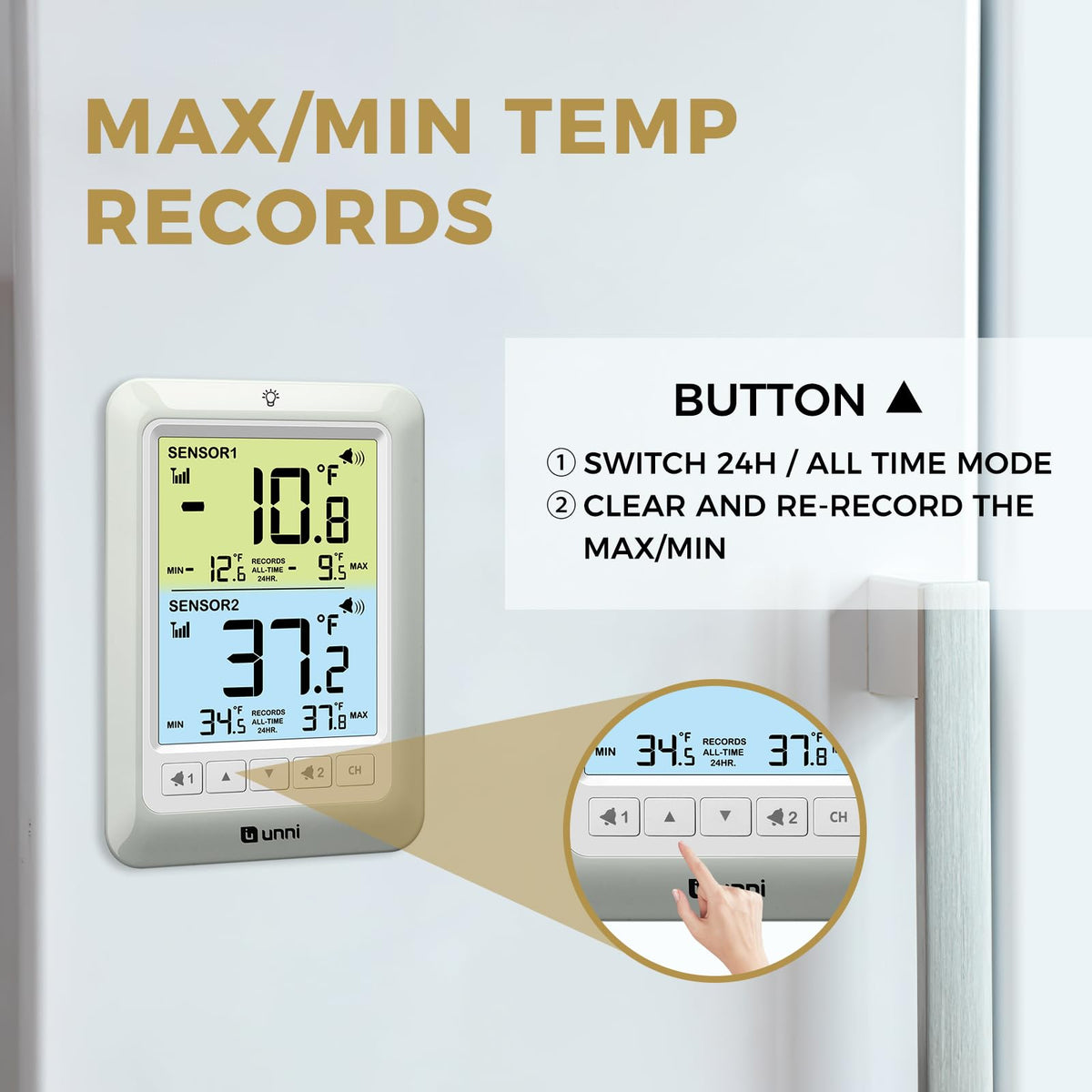 U UNNI Refrigerator Thermometer with Alarm, Digital Wireless Fridge and Freezer Thermometer, Max Min Temperature Records with Magnetic & Stand Options for Home Restaurant
