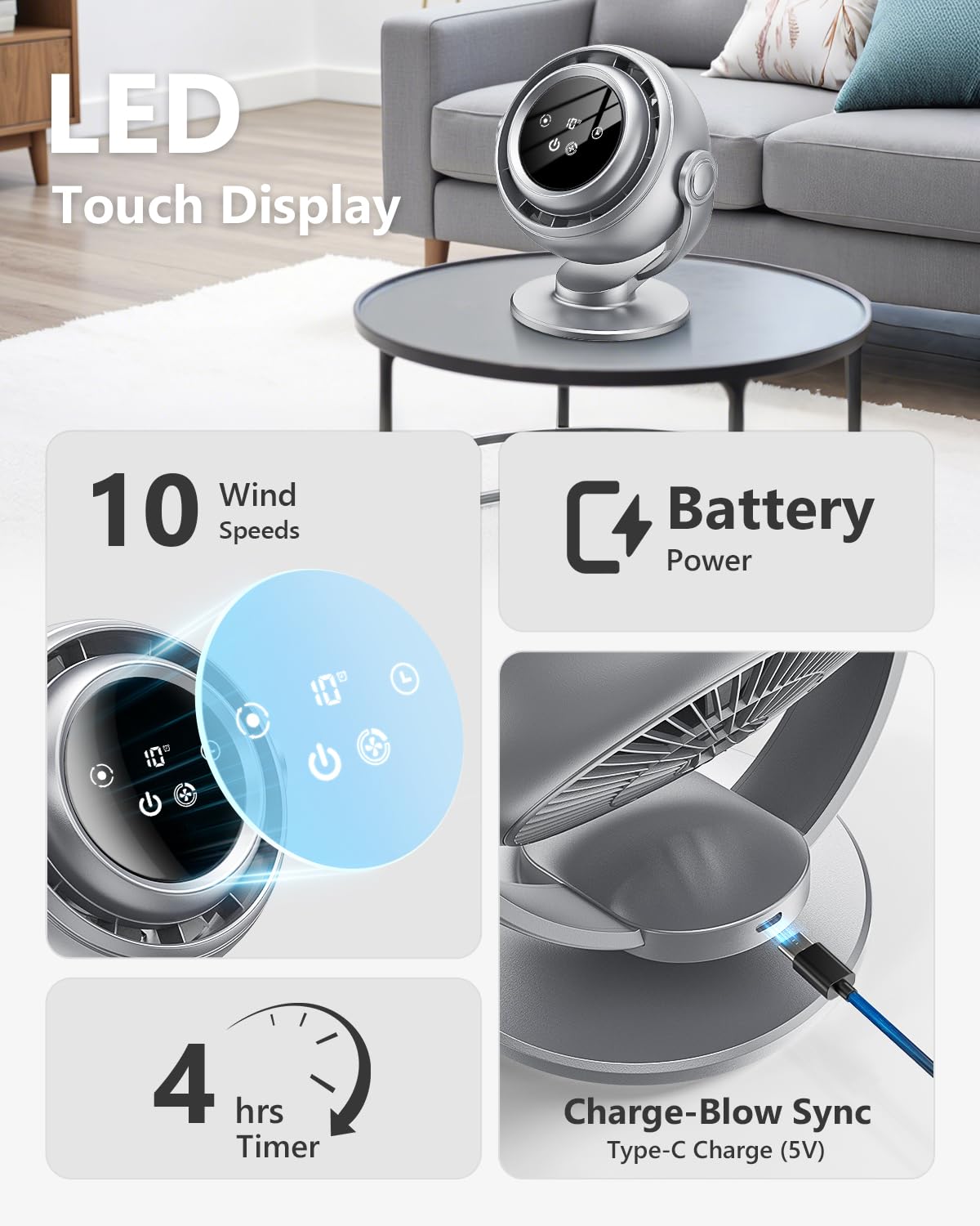 AGEYOU Desk Fan for Office, 90°Oscillating Fan with 6000mAh Rechargeable, 10 Speeds 4H Timer 270°Tilt Adjustment, 28dB Ultra-Quiet Portable Personal Table Fans, Gifts for Christmas Women Men Home