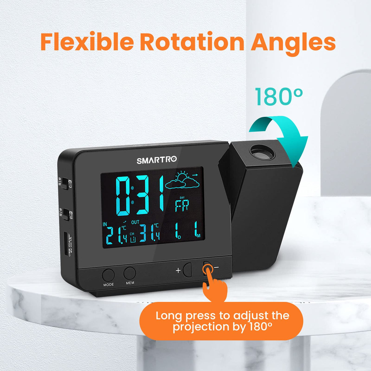 SMARTRO SC31B Digital Projection Alarm Clock with Weather Station, Indoor Outdoor Thermometer for Bedrooms, USB Charger, AC Battery Operated
