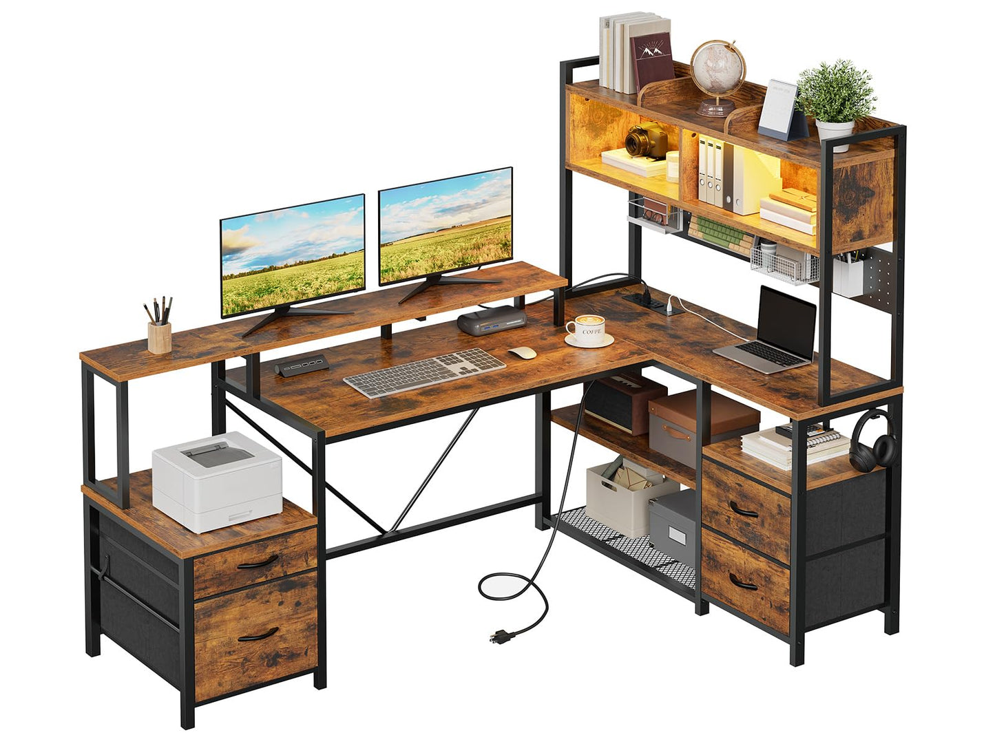 RALGEND 75" L Shaped Gaming Desk with Hutch, L Shaped Desk with Drawers, LED Light, Power Outlets & Pegboard, Corner Desk with Storage Shelves & Monitor Stand for Home Office, Rustic Brown and Black