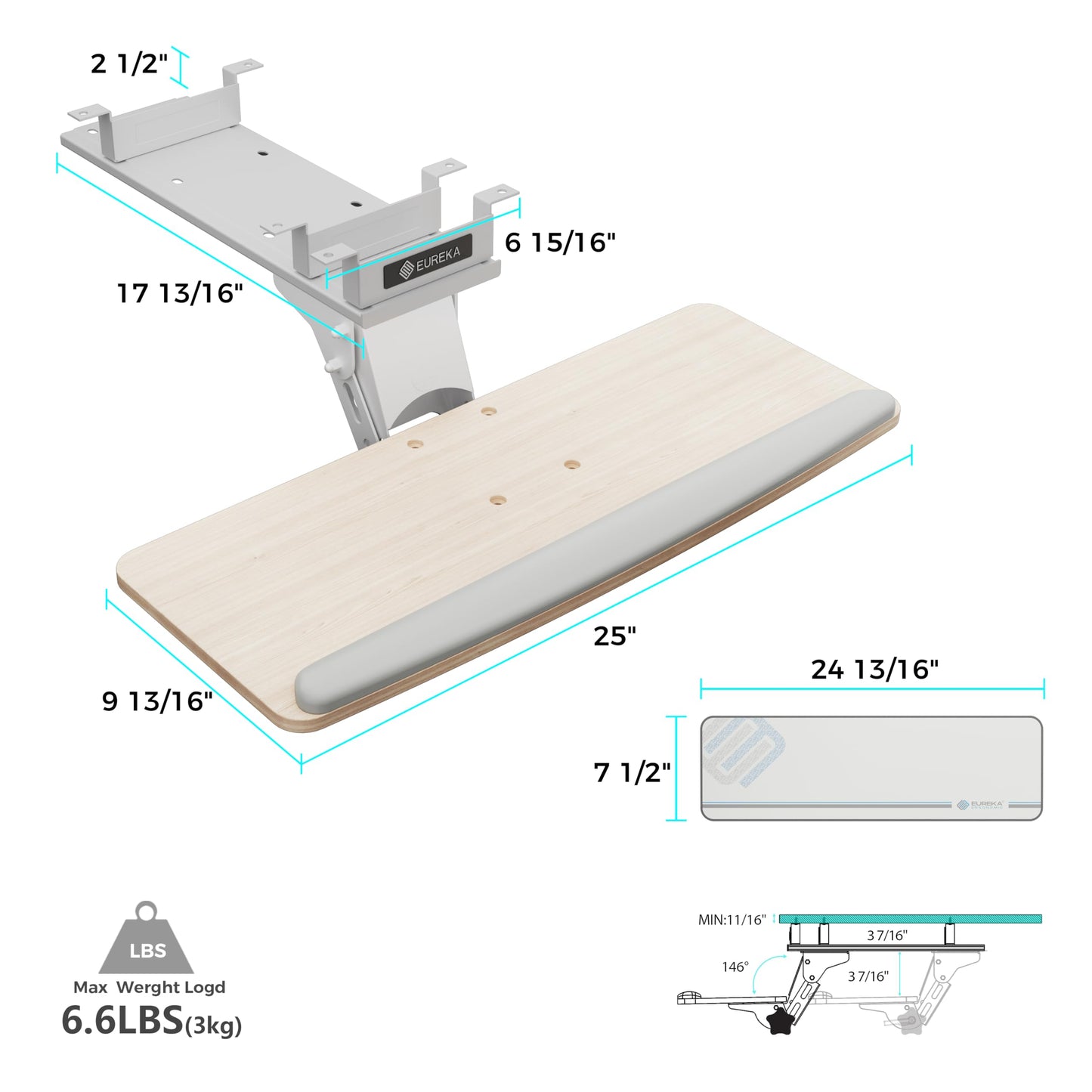 EUREKA ERGONOMIC Keyboard Tray Height Adjustable, Swivel Tilt Computer Keyboard Drawer Under Desk, 25x9.13'' Sliding Keyboard & Mouse Platform with Mouse Pad for Typing, Maple