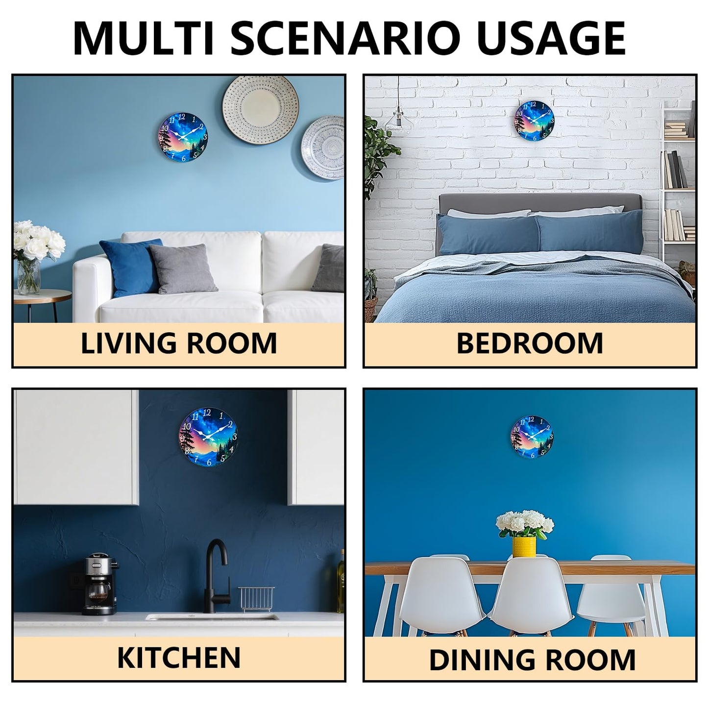 TGHHPC 12 Inch Wall Clocks Battery Operated - Premium Glass Silent Wall Clock, Unique Aurora Non Ticking Decorative Analog Clock for Bedroom Living Room Office Kitchen Gym Hotel Classroom Farmhouse