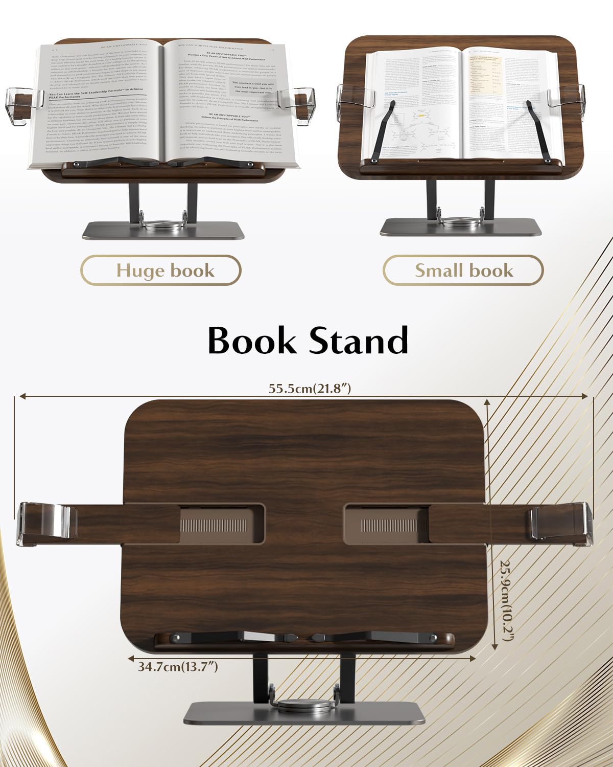 Book Stands for Reading,Adjustable Book Holder with 360° Rotating Metal Base,Foldable Cookbook Stand, Reading Hands Free with ABS Expandable Page Clips for Recipe,Textbook,Laptop