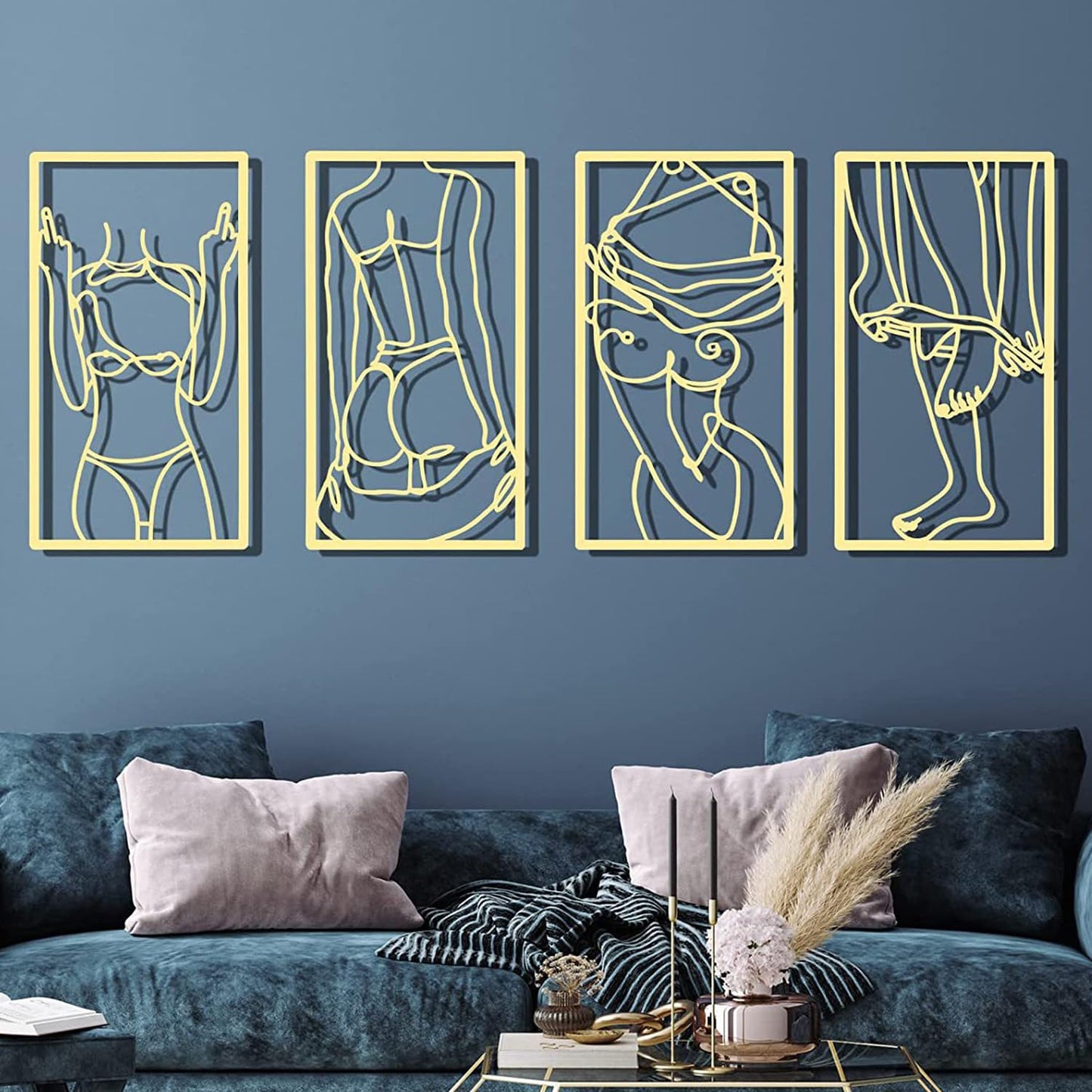 DoMyfit 4-Piece Abstract Line Metal Wall Art Print Decor Line Drawing Home Hanging Wall Art for Living Room Bedroom Wall (Gold)