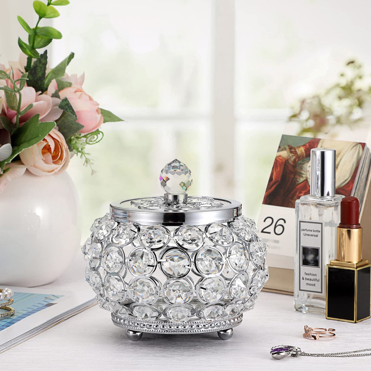 Hipiwe Crystal Jewelry Box with Glass Lid Small Trinket Organizer Mirrored Treasure Box Ring Holder Earrings Necklace Storage Box Keepsake Gift Box for Home Dresser Decor, Silver