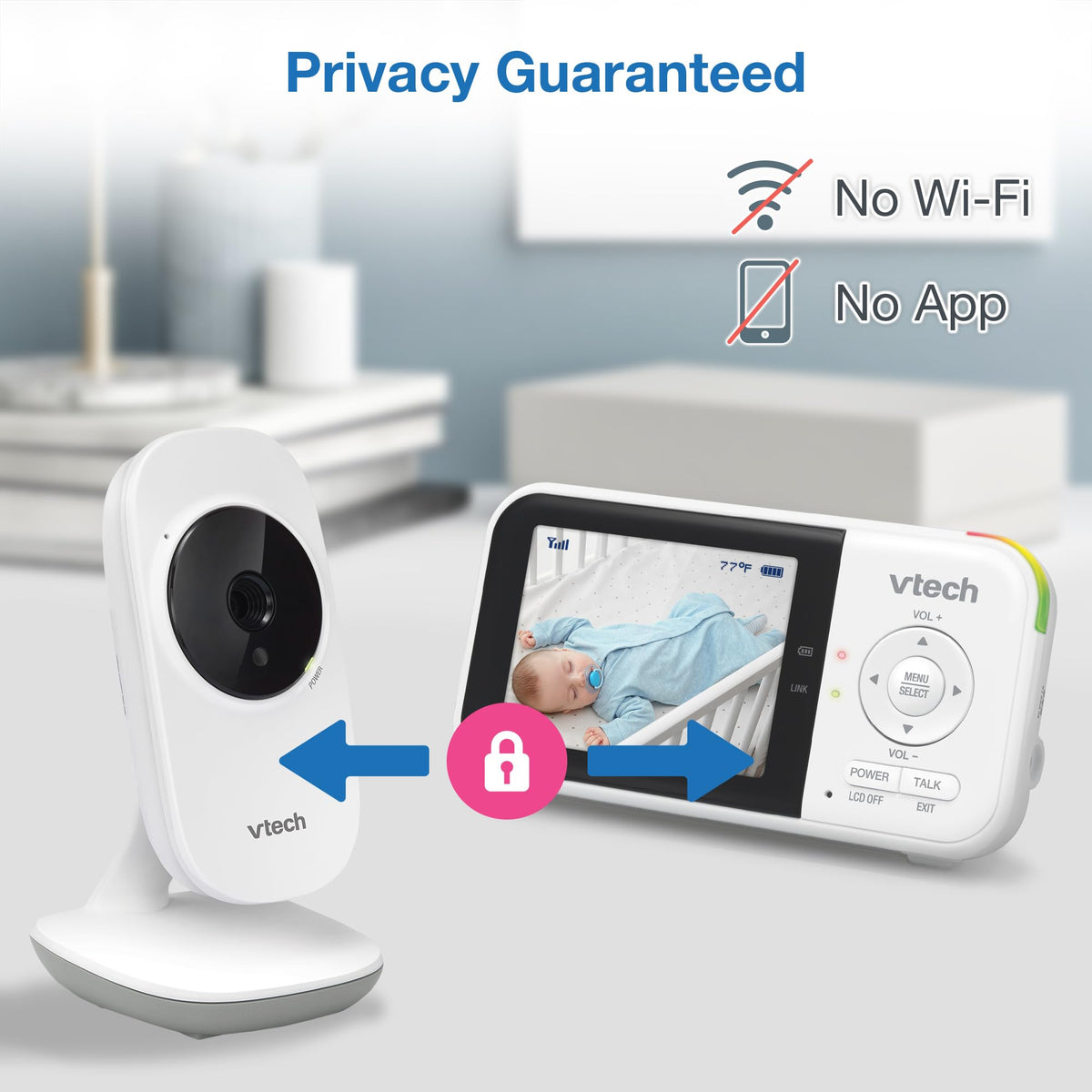 VTech VM819 Baby Monitor with Camera and Audio, 2.8” Screen Portable Baby Camera, Night Vision, 2-Way Audio, Temperature Sensor and Lullabies, Secure Transmission No WiFi, Ideal for Baby/Elderly/Pet