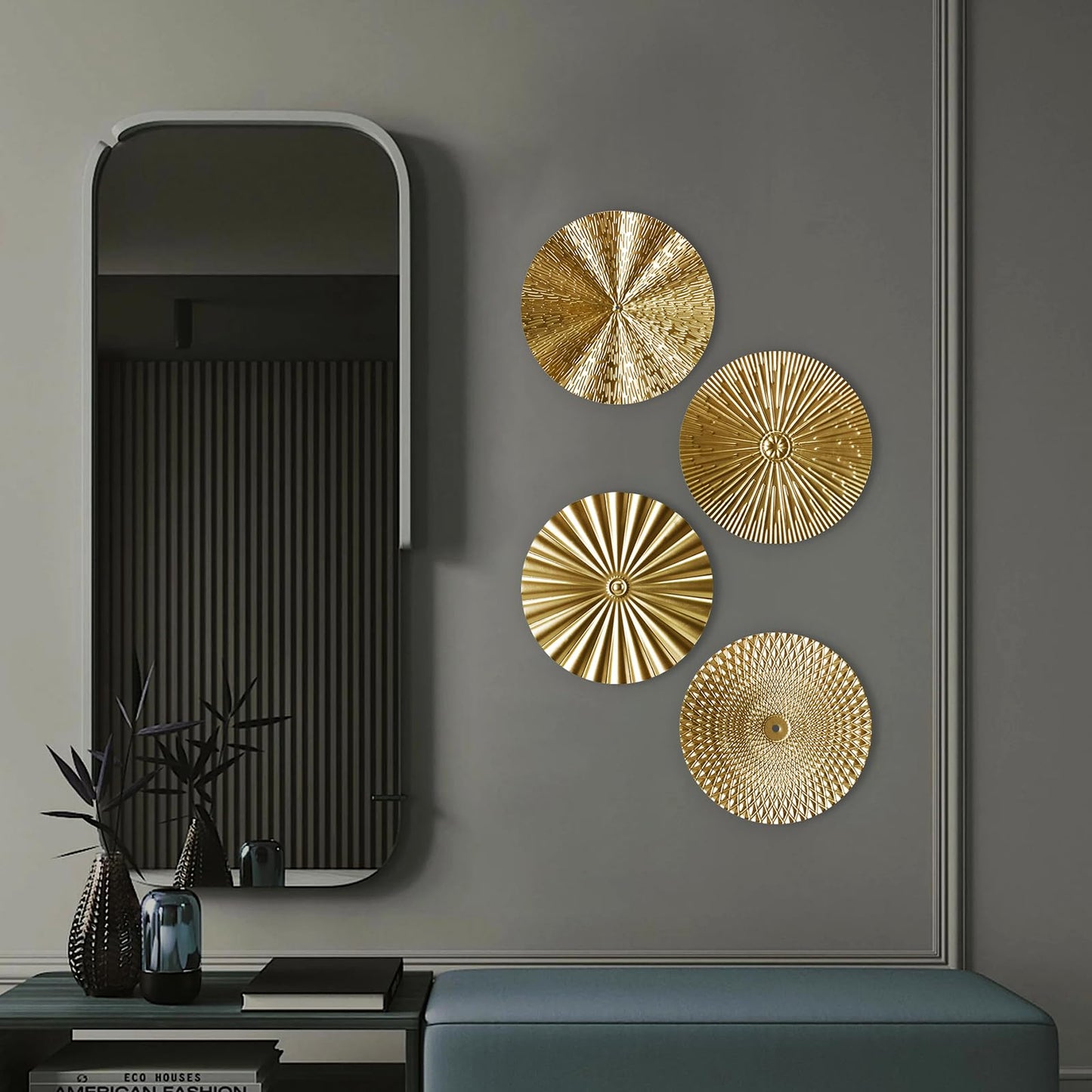 RUNTIVAN 4 Pack Metal Wall Art Decor - 11inch Sunburst Hanging Metal Artwork Decor Wall Art Decorations for Home Living Room Office Gift for Christmas(Gold)