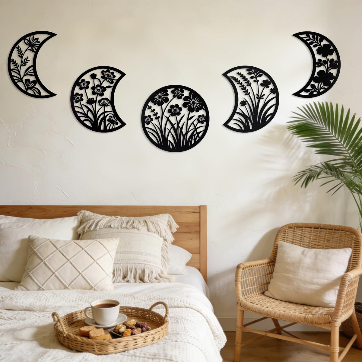 Larber 5PCS Black Metal Moon Phase Wall Hanging Decor 7.5–10 inch Moon Phase Wall Art with Floral & Herb Silhouettes Boho Lunar Aesthetic Art for Bedroom Gift Bathroom Restaurant Wall
