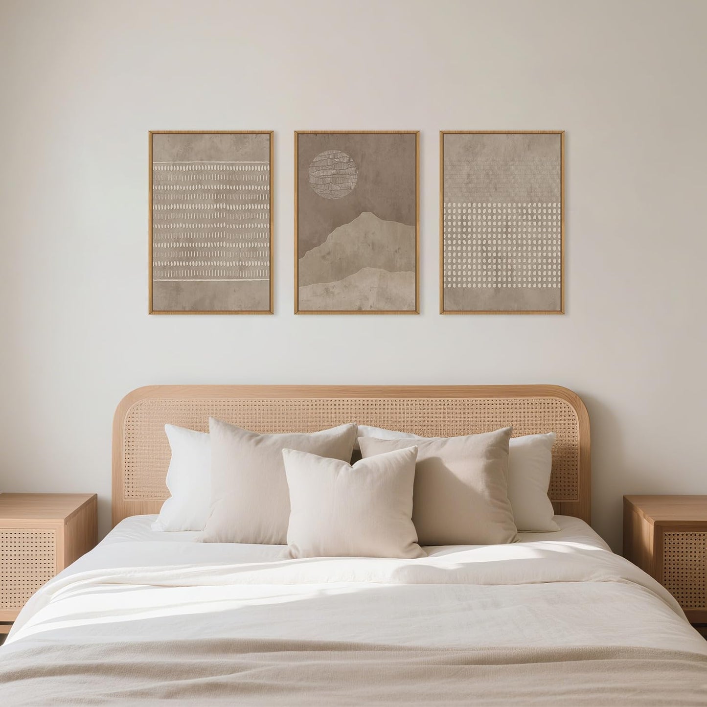 Aryroi Large Mid Century Tan and Beige Framed Canvas Wall Art,Neutral Lines Dots Wall Decor,Abstract Sunset and Mountain Artwork,Boho Textured Shapes Art Print for Living Room,Bedroom,Office-16"x24"x3