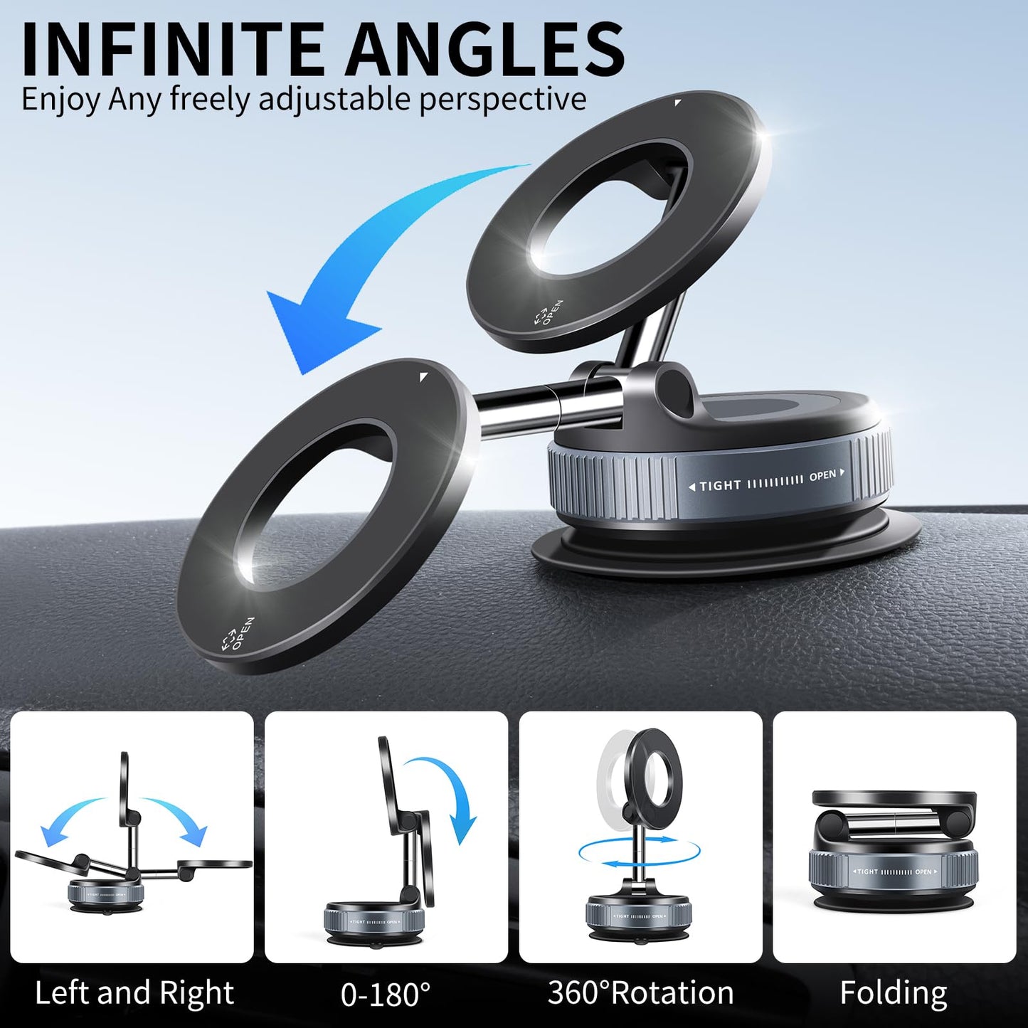 Galundge Vacuum Suction Magnetic Phone Holder, 2025 Upgraded Foldable Retractable Suction Cup Car Phone Mount for Magsafe, 360° Adjustable Magnetic Phone Stand for Cars/Gyms/Mirrors/Smooth Surface
