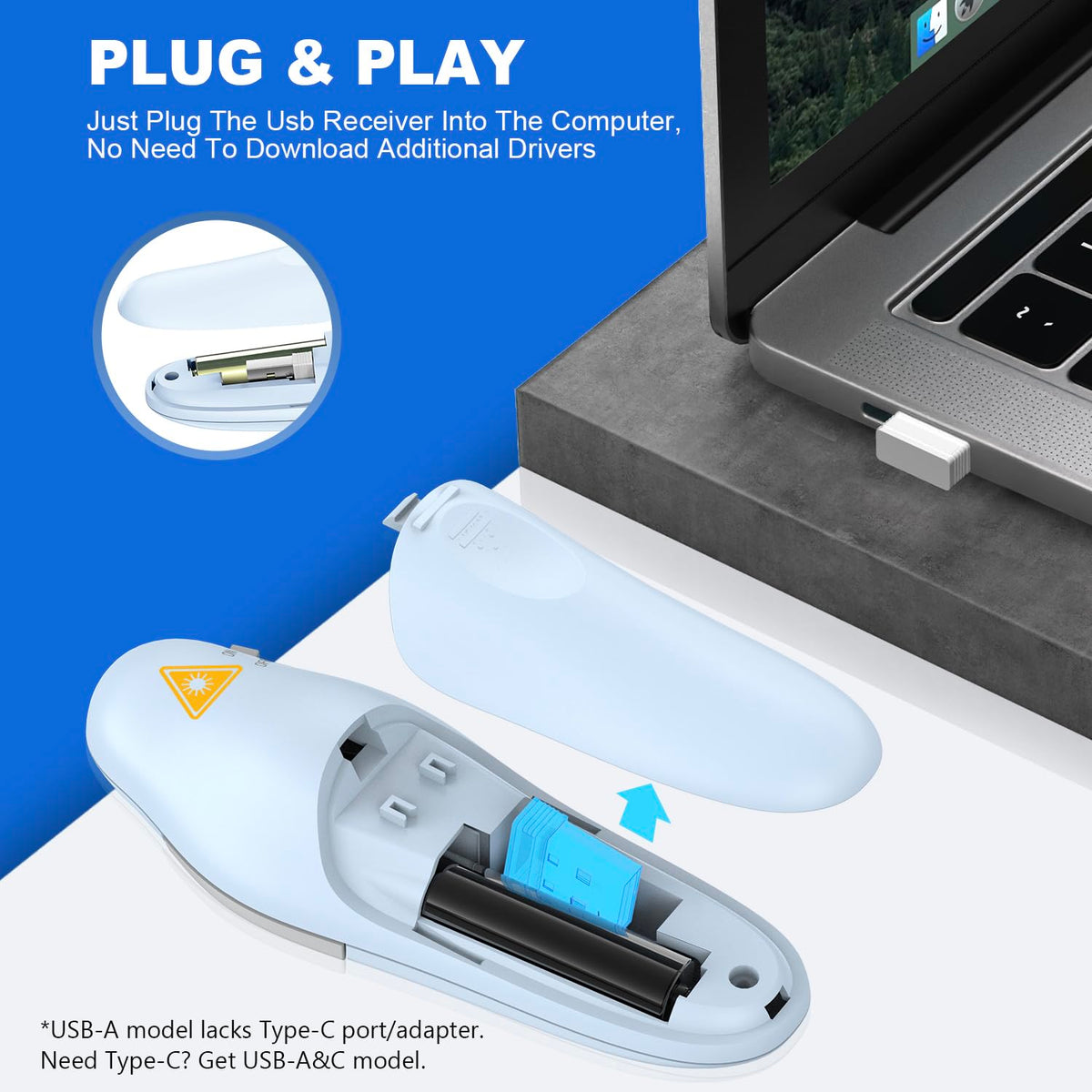 QUI Presentation Clicker Wireless Presenter Remote Clicker for PowerPoint Presentation Remote, PowerPoint Slide Advancer for Mac/Windows/Linux, Google Slide/PPT/Keynote, USB A, Blue