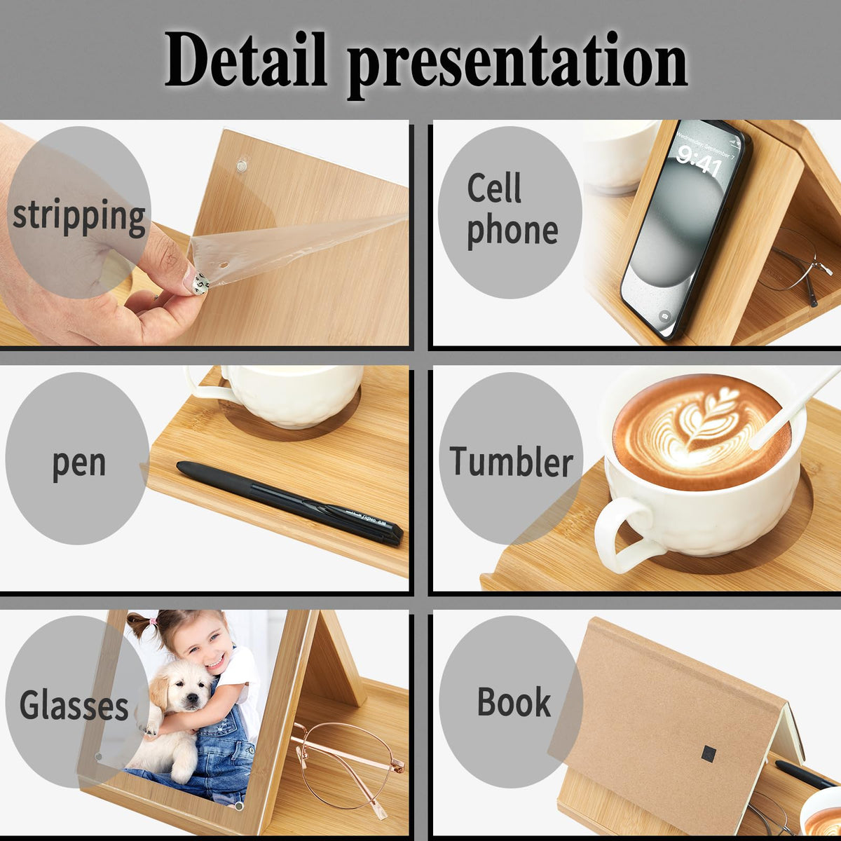 ROSOS Bamboo Book Holder, Triangle Book Holder Stand with Acrylic Picture Frame, Book Rest with Cup Holder, Tablet and Kindle Stand, Book Lovers Gifts, Bookish Gifts, Bamboo Book Rest Stand