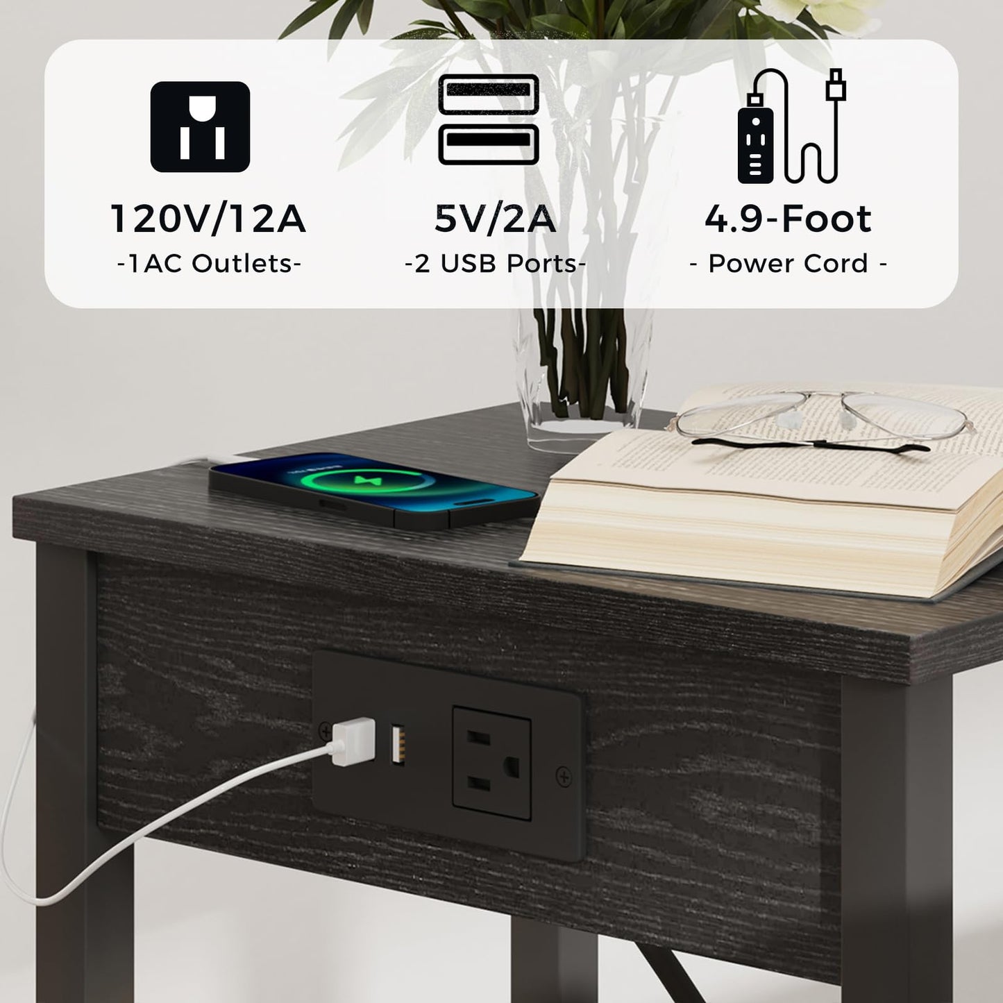 VIMBER Side Table with Charging Station, Set of 2 End Tables with USB Port and Outlets, Nightstands with 2-Tier Storage Shelves, Sofa Table for Small Space, Living Room, Bedroom Black 102B2