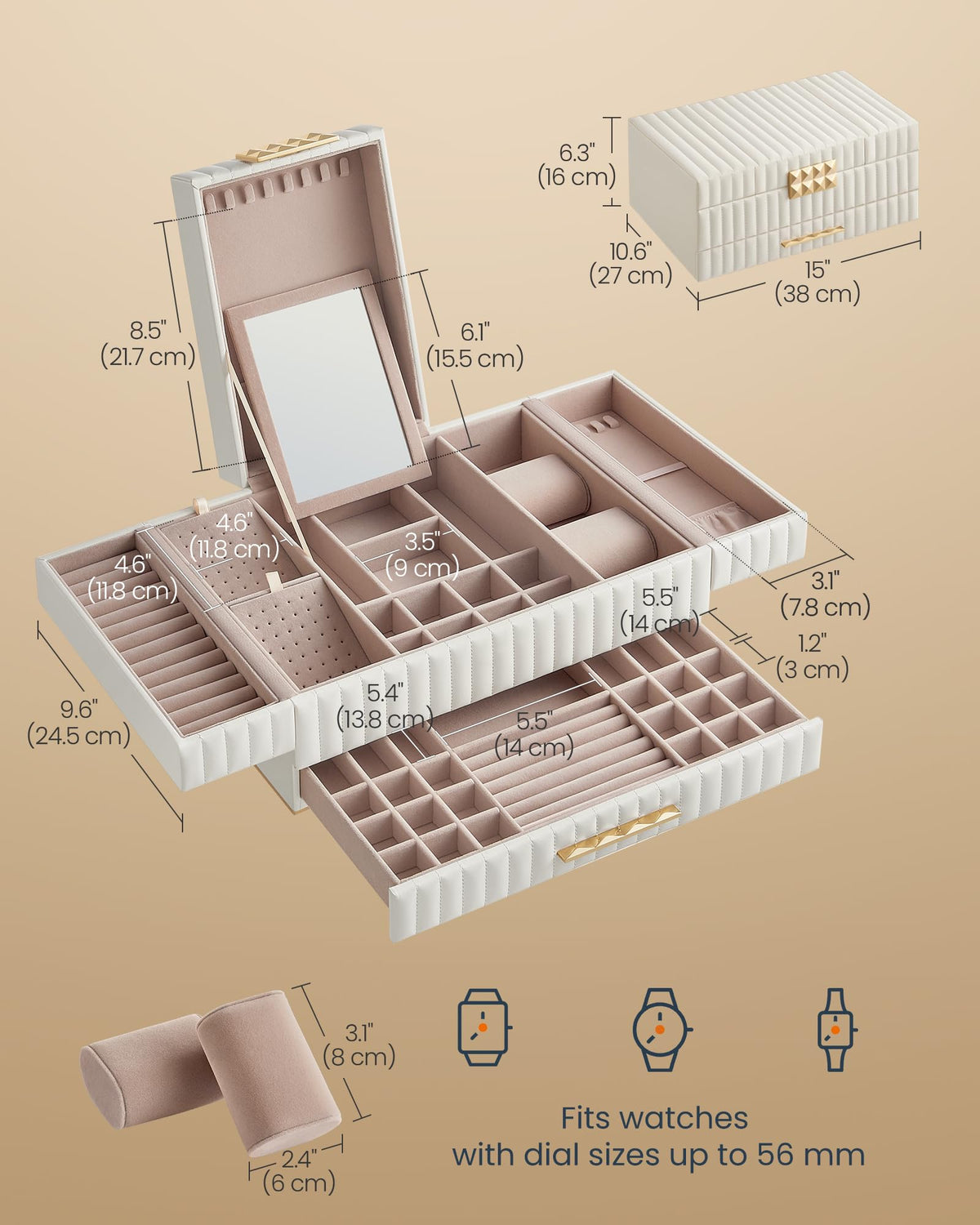 SONGMICS HOME Large Capacity Jewelry Box with Mirror, Jewelry Organizer with a Drawer, PU Surface with Stitching, 10.6 x 15 x 6.3 Inches, Cloud White, ANAH Collection UJBC184W01