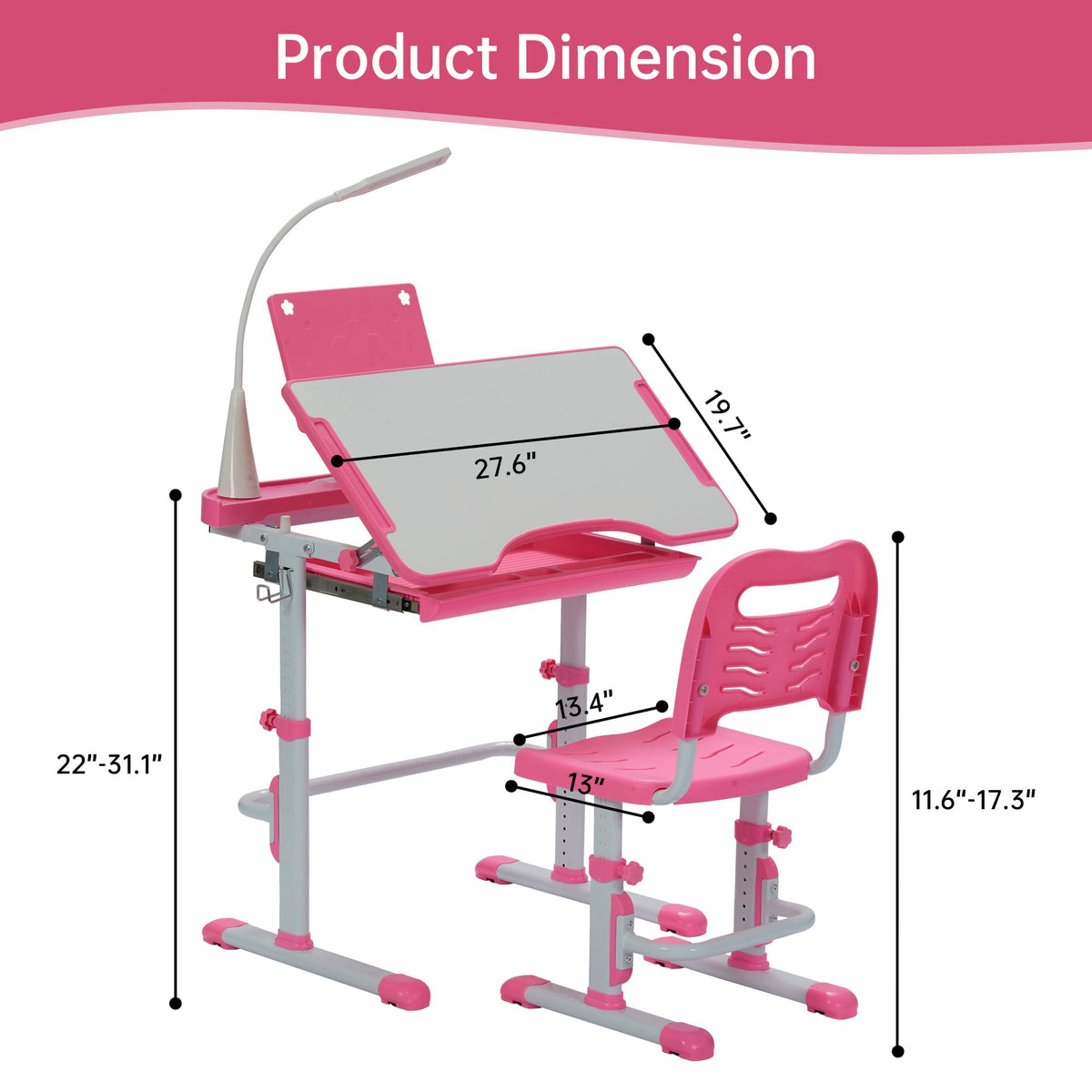 SMAGREHO Kids Desk and Chair Set, Height Adjustable Child's School Study Writing Tables with Tilt Desktop, LED Light, Storage Drawer, Book Stand (Pink)