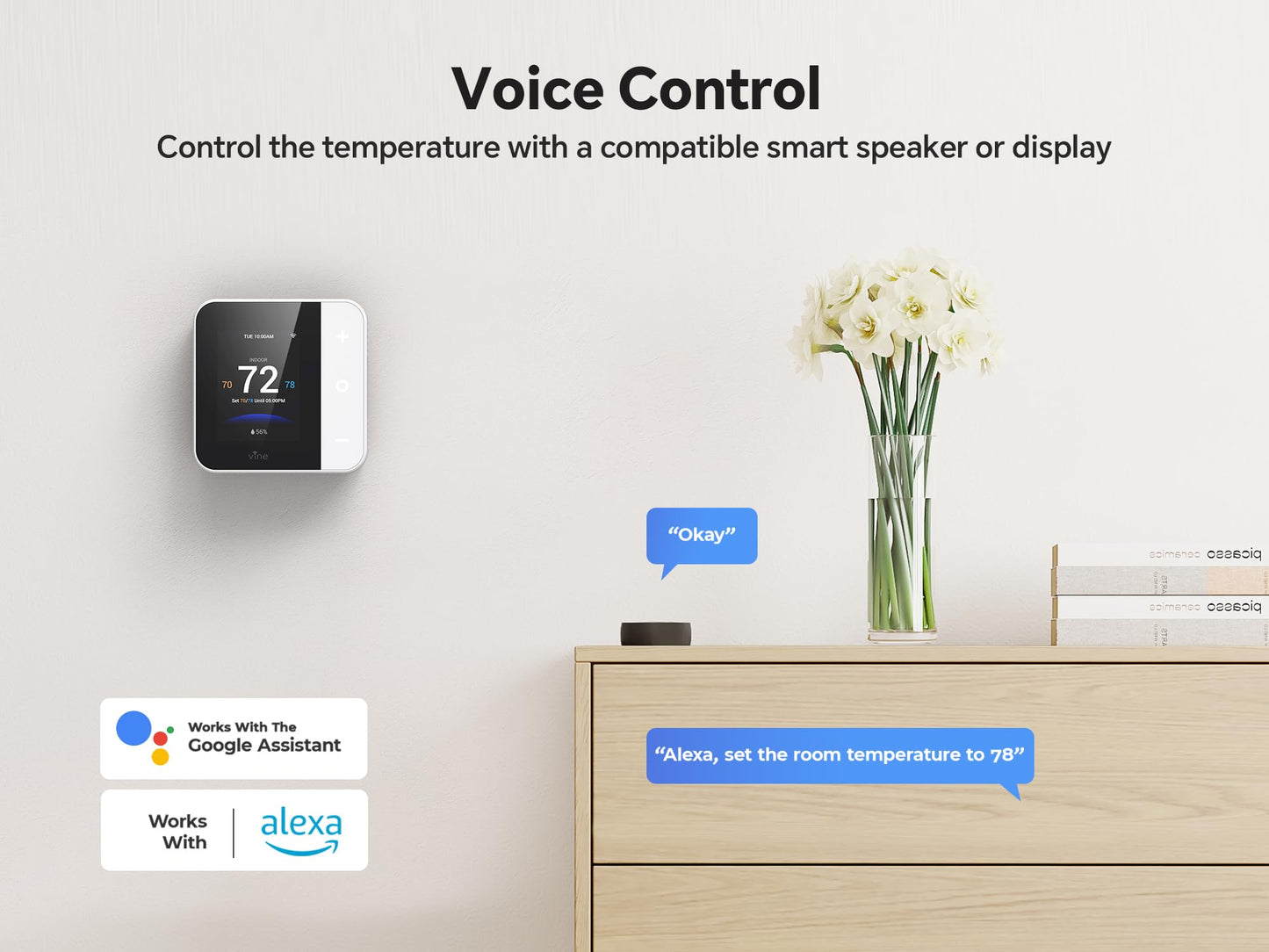 vine Smart Thermostat for House, WiFi Thermostats for Home Compatible with Alexa and Google Assistant, 7day x 8period Programmable, Energy Star Certified, C-Wire Required
