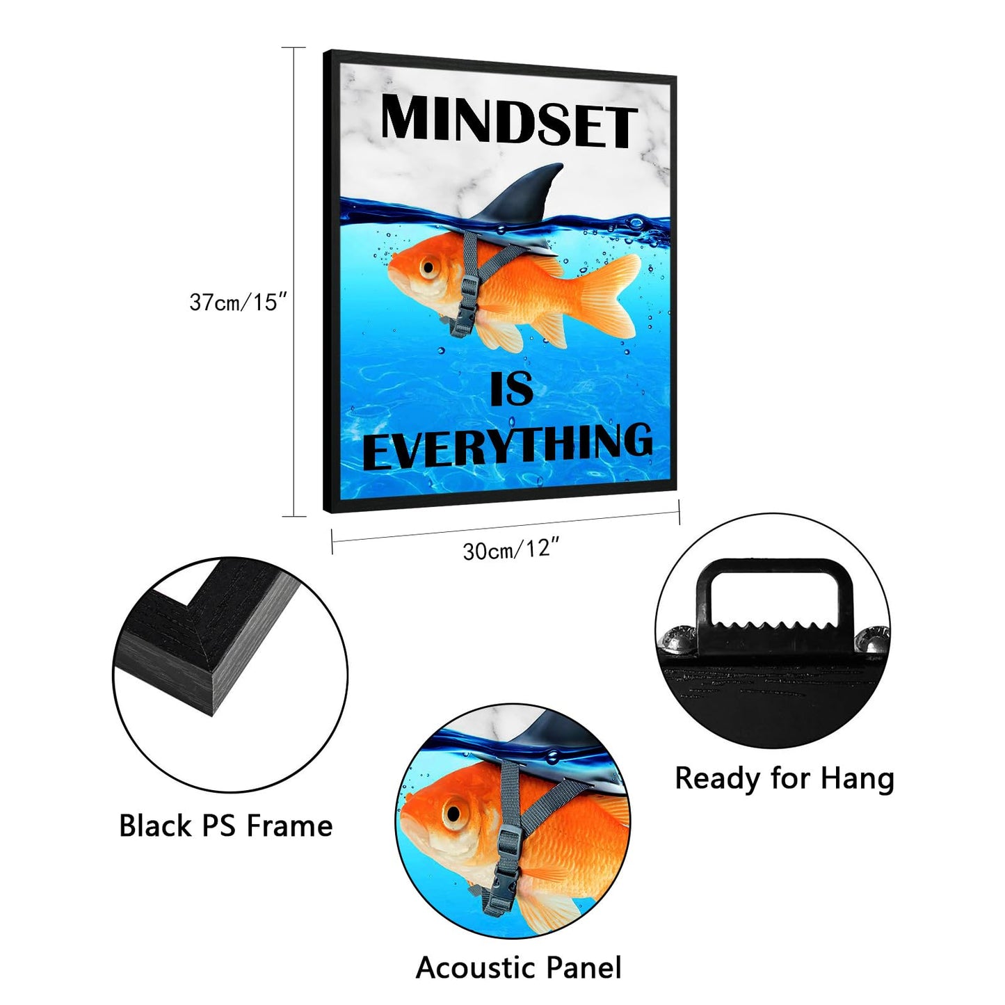 Mindset Is Everything Wall Art:Motivational Wall Decor for Office,Goldfish Prints Posters Inspirational Wall Art Framed,Uplifting Self Improvement Positive Quote Home Office Wall Art 12"x15"
