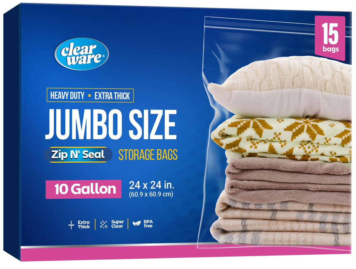 15 Count - Large Storage Bags With Zipper Top, 10 Gallon Size 24" x 24", Extra Large Plastic, For Clothes, Travel, Moving, BPA-Free, Heavy Duty 3-Mil Thick