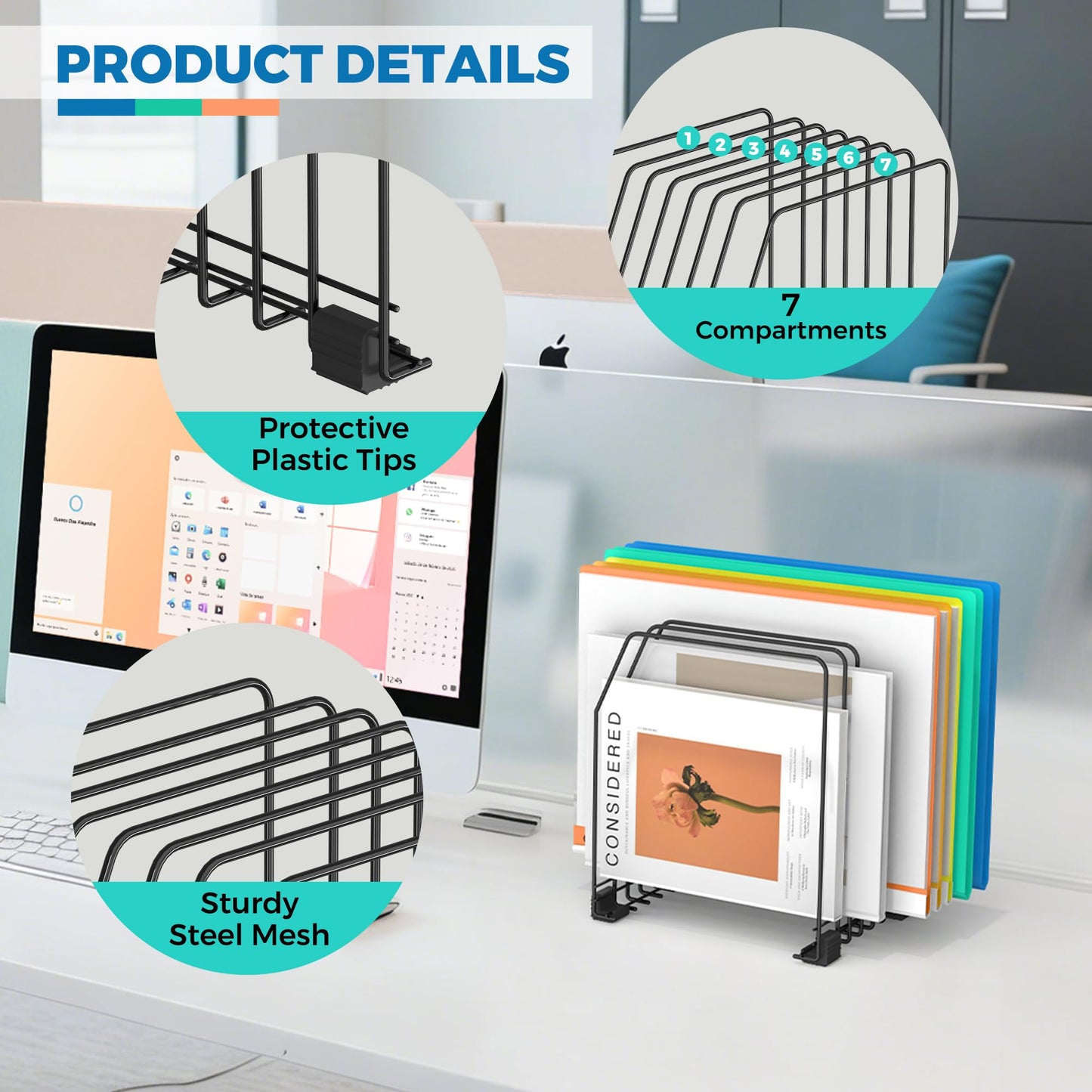 Gawerk File Organizer for Desk, 7-Section Vertical File Sorter, Paper Holder Organizer Standing Metal File Folder for Office Home Classroom, Black (2Pack)