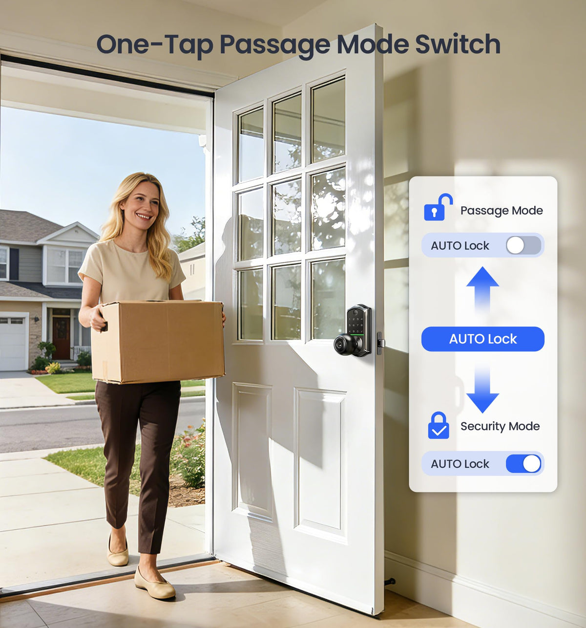Veise VE018 Smart Knob Handle Lock - Fingerprint, App Control, Keyless Entry for Front Door and Bedroom, Electronic Digital Keypad, Auto Lock, Remote Access Sharing, IP55 Weatherproof, Matte Black