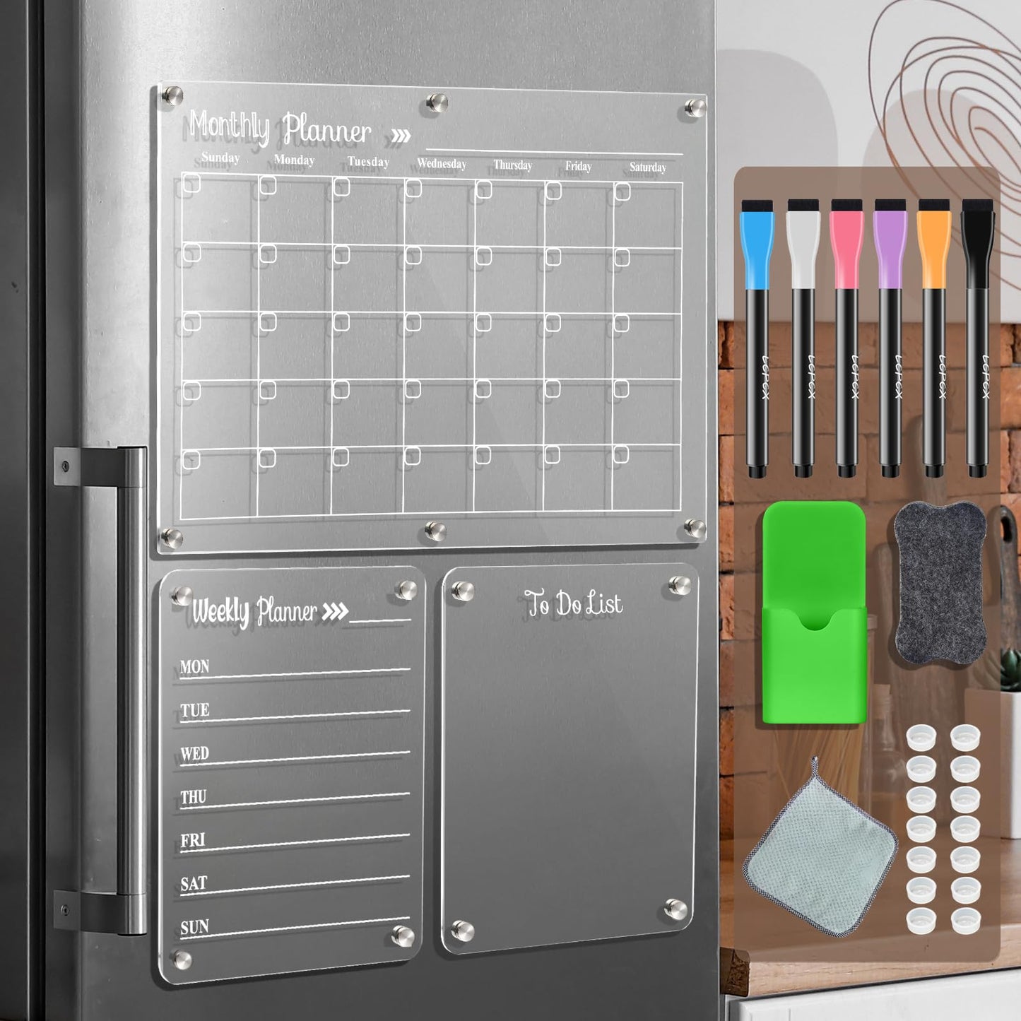 LCPCX Acrylic Magnetic Dry Erase Board for Fridge, Set of 3 Transparent Monthly & Weekly Planning Boards, Includes 6 Dry Erase Markers, 1 Eraser and Magnetic Pen Holder