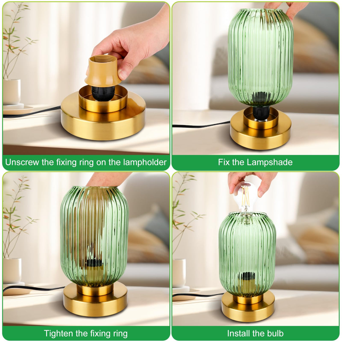 LEDIKON Mid Century Modern Table Lamp, Touch Control & 3 Way Dimmable, Green Ribbed Glass Shade, Small Gold, Vintage Bedside Lamp for Bedroom, Living Room,Office (Bulb Included)
