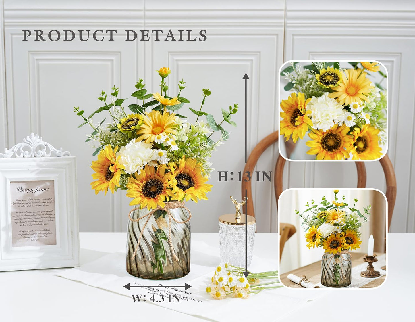 COZZI CODI Fake Flowers Artificial Sunflowers with Vase, Faux Silk Flowers Plants for Home Office Decorations, Kitchen Dining Table Decor, Farmhouse Centerpiece Table Decoration