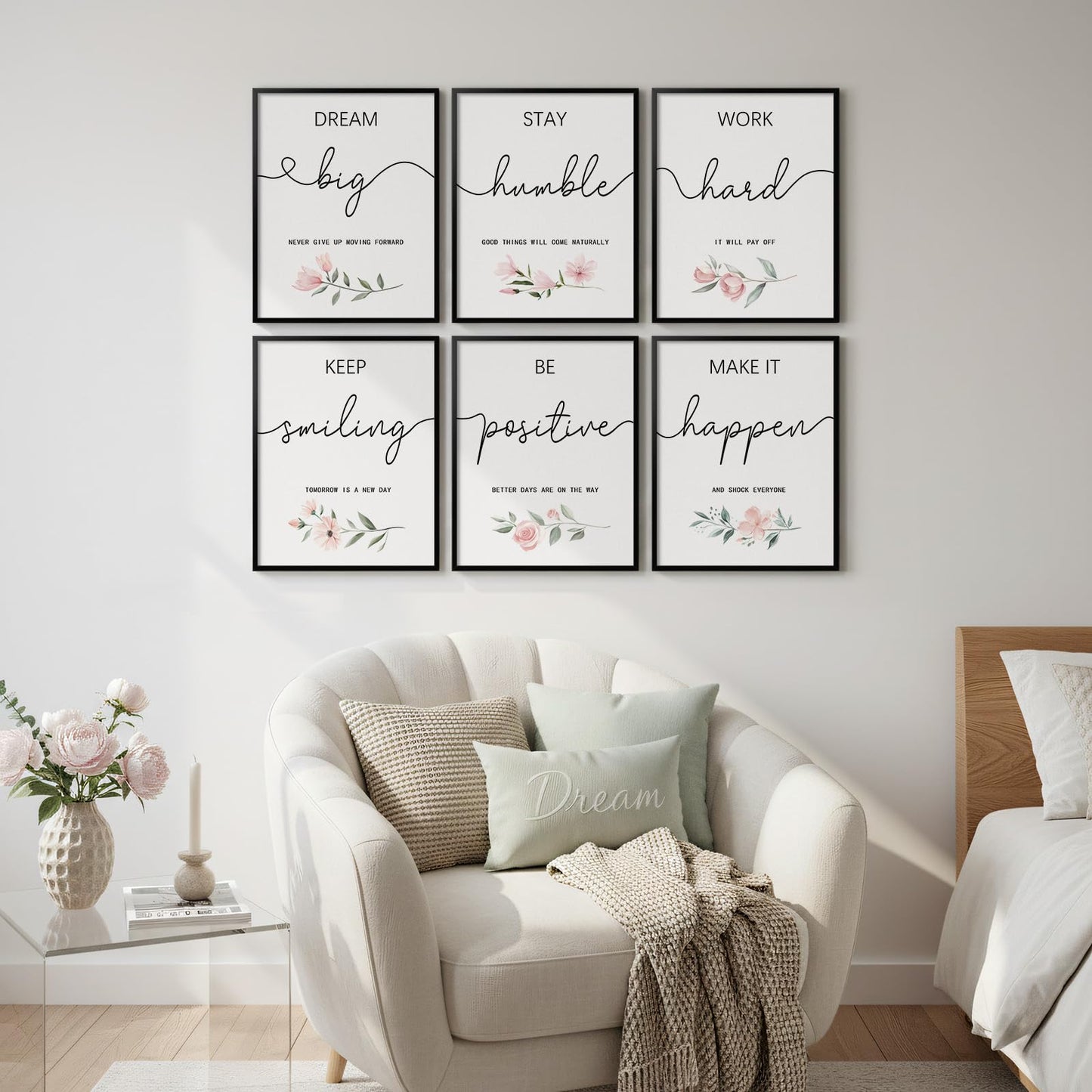 Framed Inspirational Office Wall Art Decor, 6 Piece Modern Motivational Quotes Floral Canvas Prints Artwork for Office Walls, Positive Affirmations Wall Decor for Home, Study Room, 11x14
